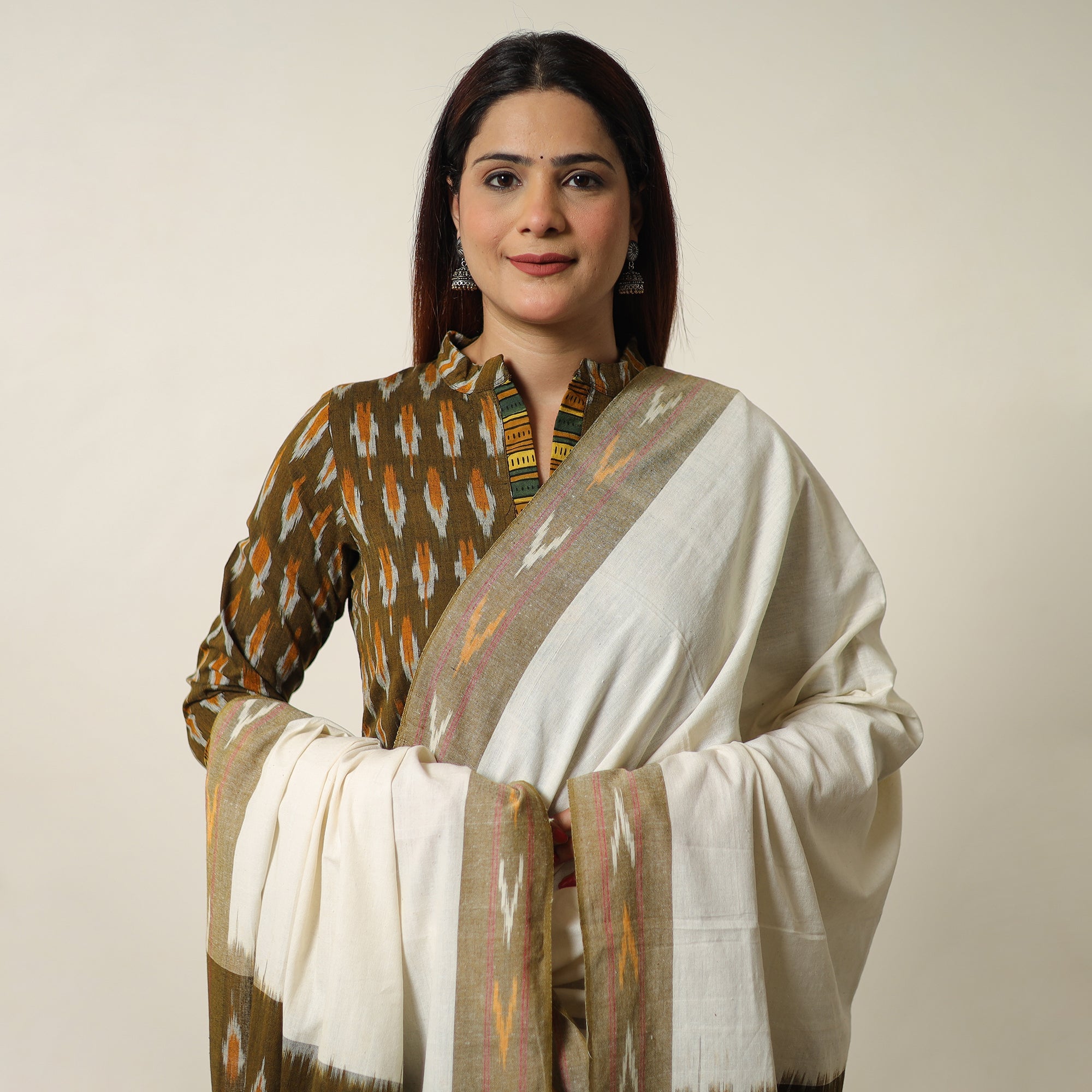 ITOKRI CASUALS Brown - Pochampally Ikat Weave Cotton Kurta with Palazzo & Dupatta Set 08 - view 3