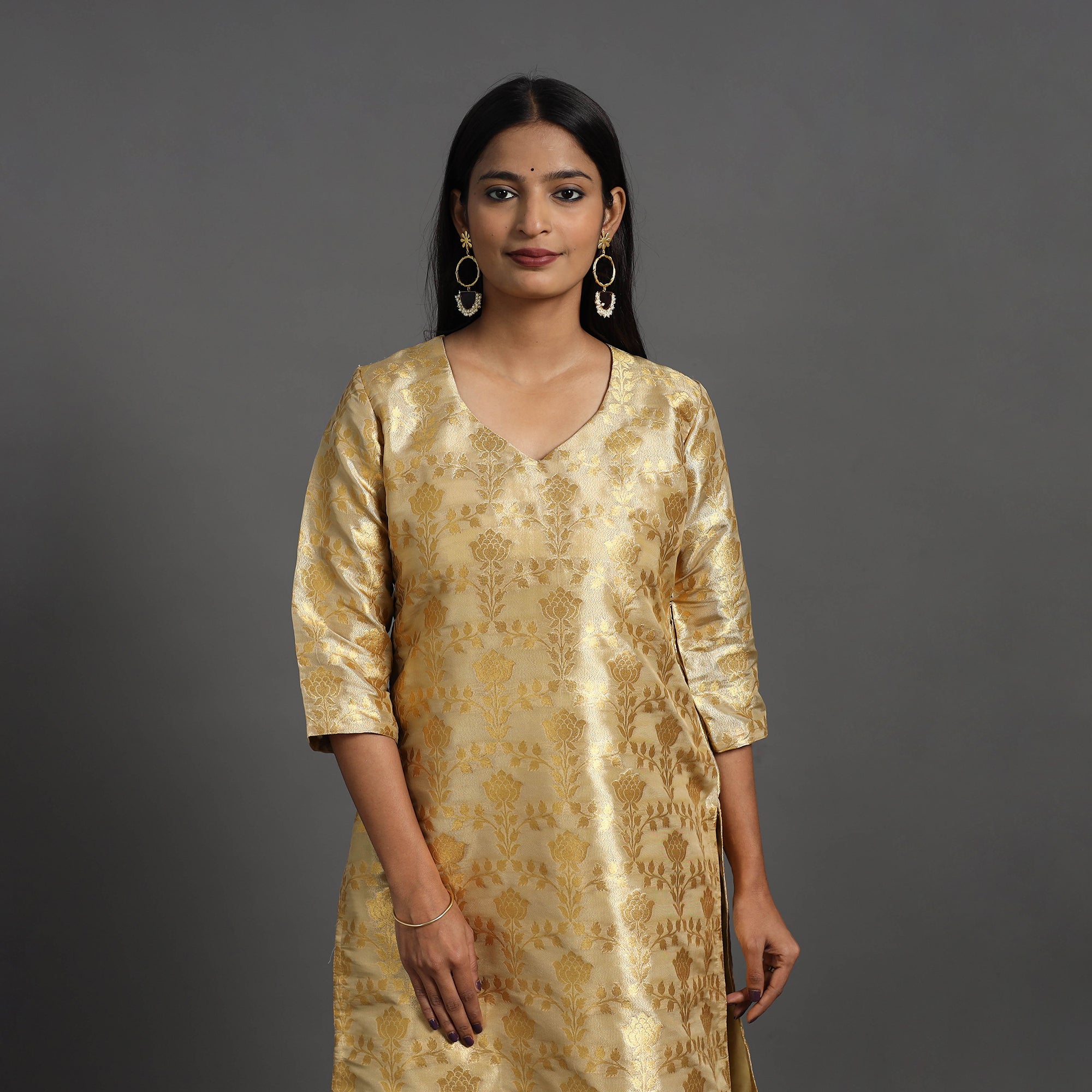 ITOKRI CASUALS Beige - Cutwork Tissue Zari Jaal Banarasi Silk Kurta 05