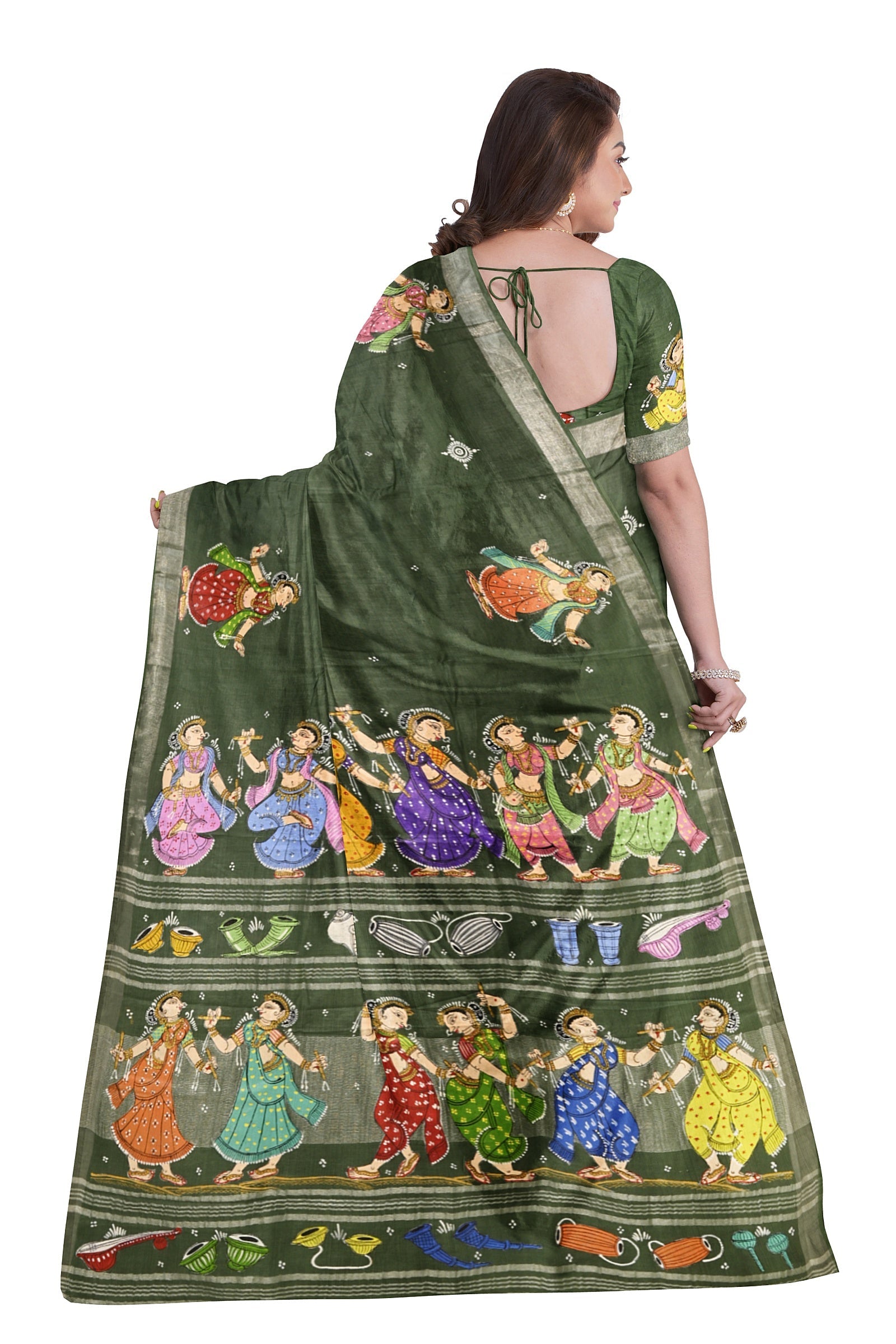 IndianVillèz Green Nartaki Theme Hand-Painted Pattachitra Saree(PRE ORDER)