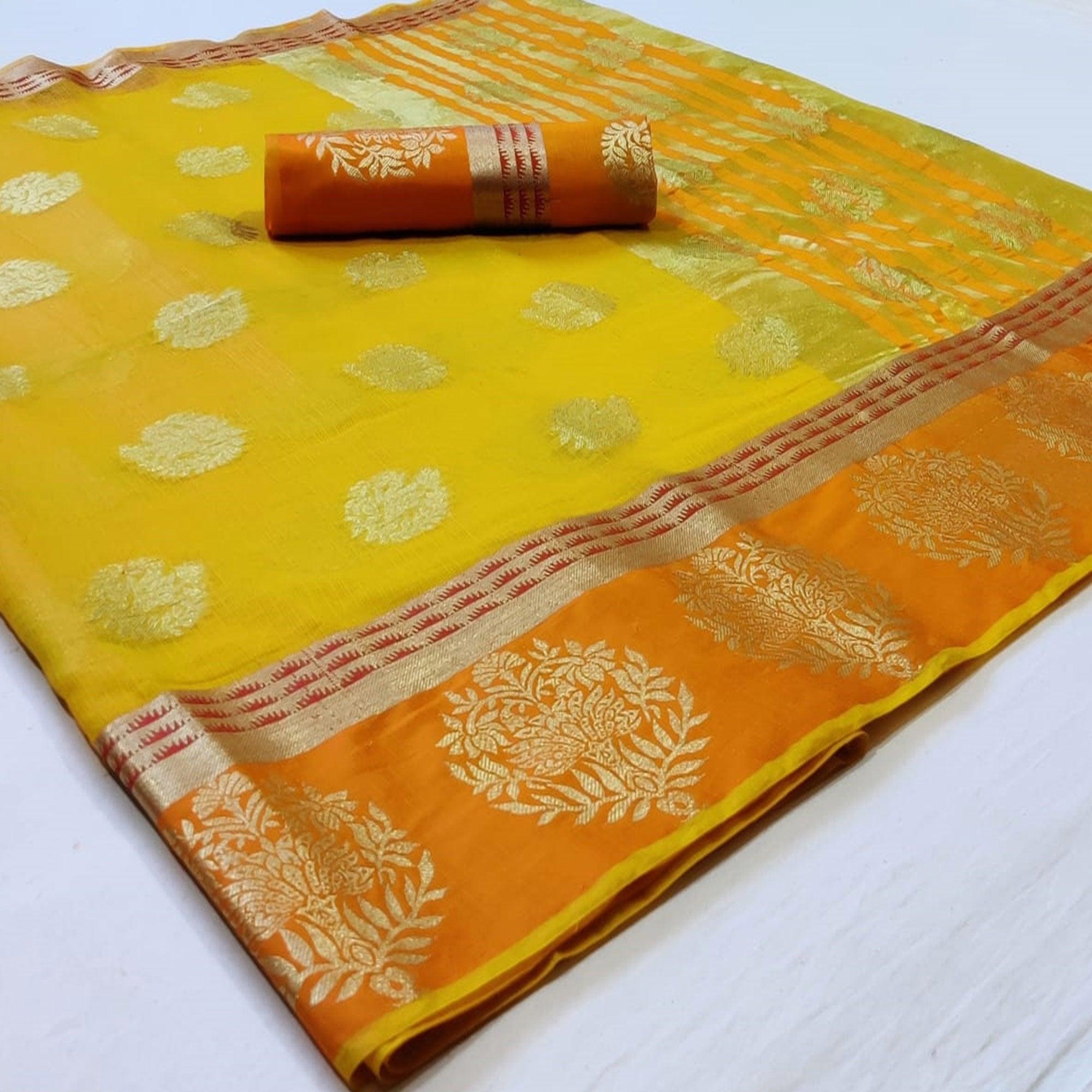 Peachmode Impressive Lemon Yellow Colored Festive Wear Woven Silk Saree