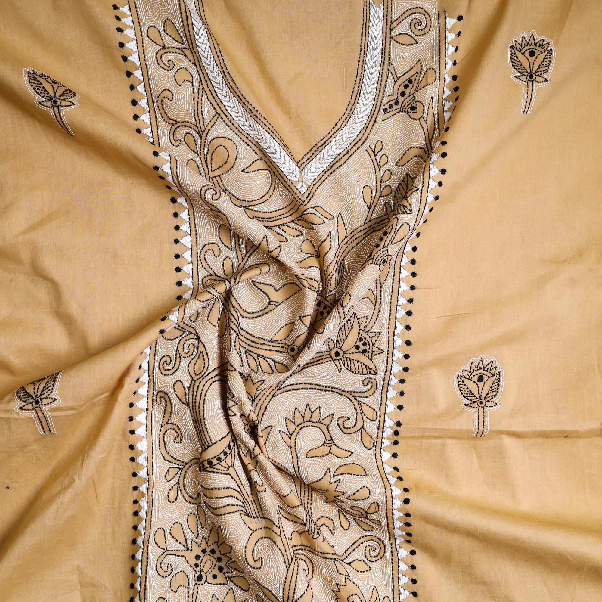 KHUSHBASH - HAPPY LOOM OF EAST Beige - Bengal Kantha Embroidery Cotton Kurta Material - (2.75m) 25 - view 2