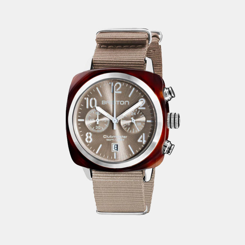 Briston Clubmaster Classic Men Quartz Grey Taupe Dial Chronograph Nato Watch 19140.SA.T.30.NT