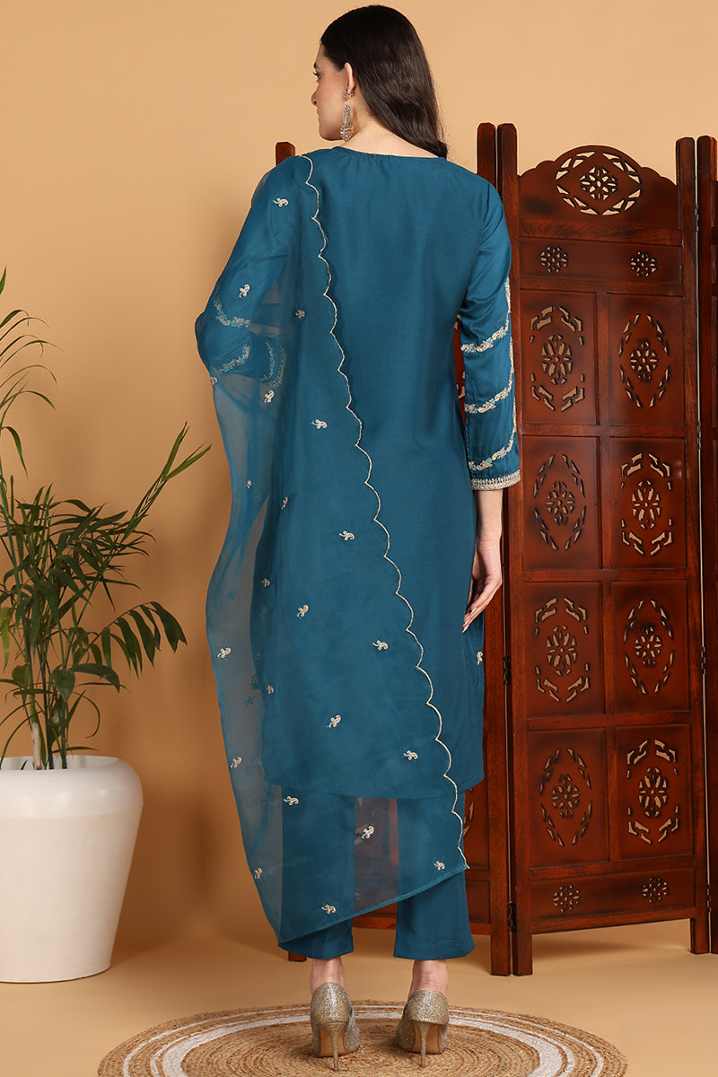 Ahika Teal Silk Blend Ethnic Motifs Embroidered Straight Suit Set PKSKD2198 - view 3