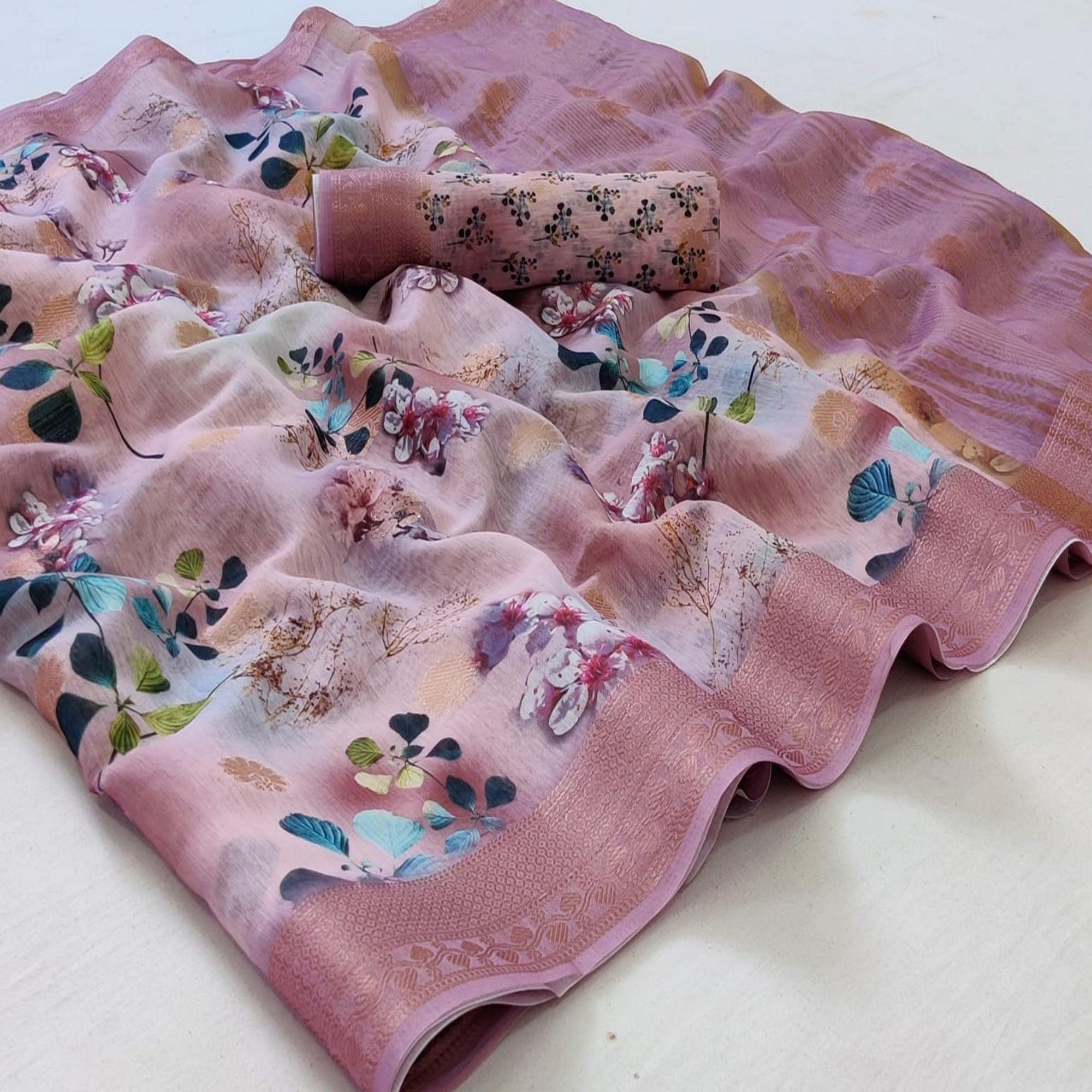 Peachmode Light Pink Festive Wear Floral Digital Print With Woven Border Handloom Banarasi Silk Saree