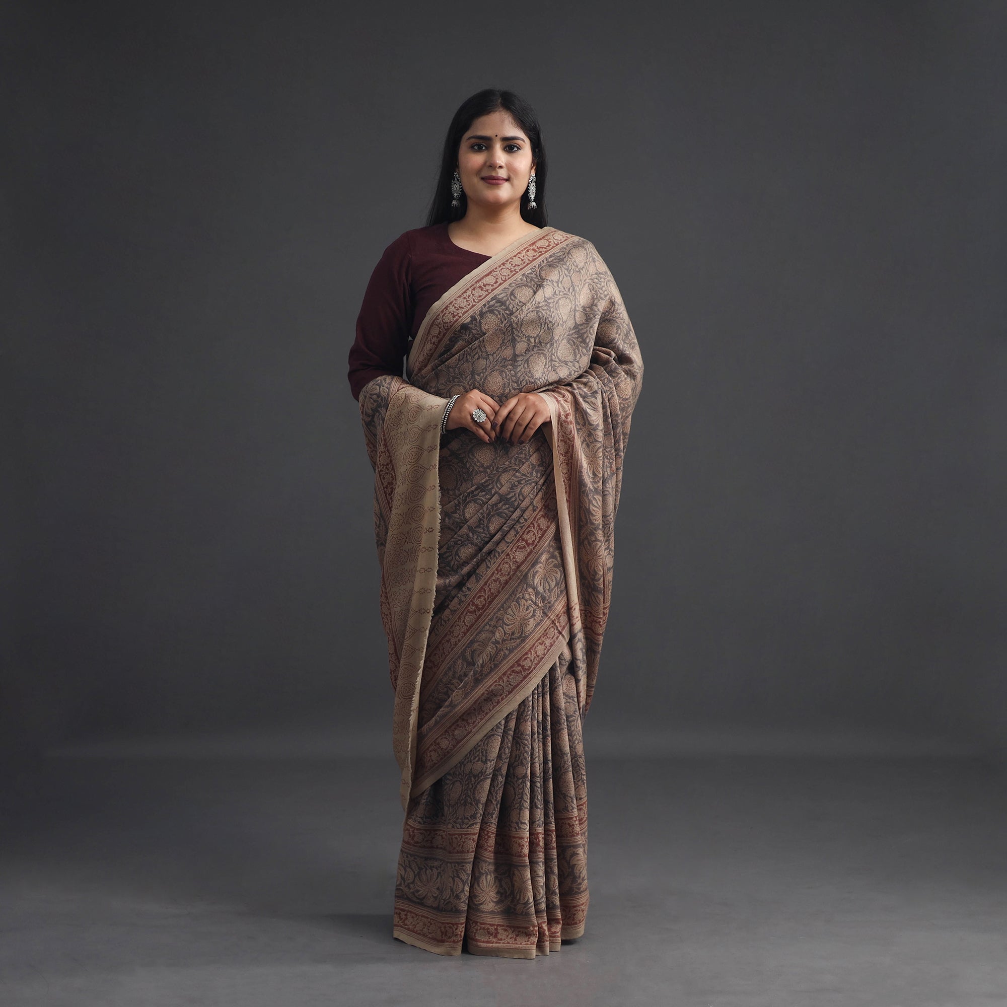 PITCHUKA SRINIVAS KALAMKARI PEDANA Brown - Pedana Block Print Merino Wool Kalamkari Saree 02