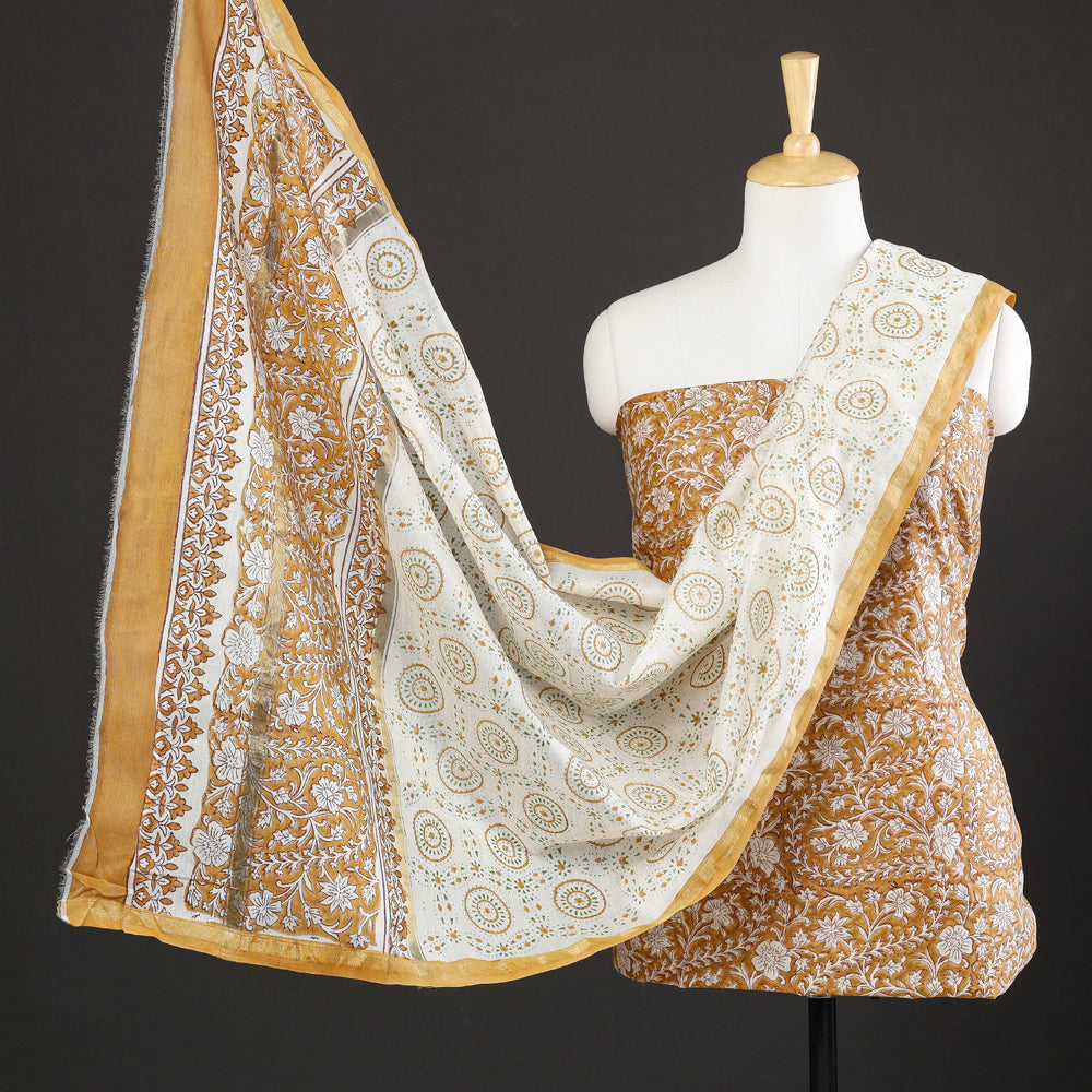 ARTISAN HAND BLOCK PRINTS Brown - 3pc Sanganeri Block Printed Chanderi Silk Suit Material Set