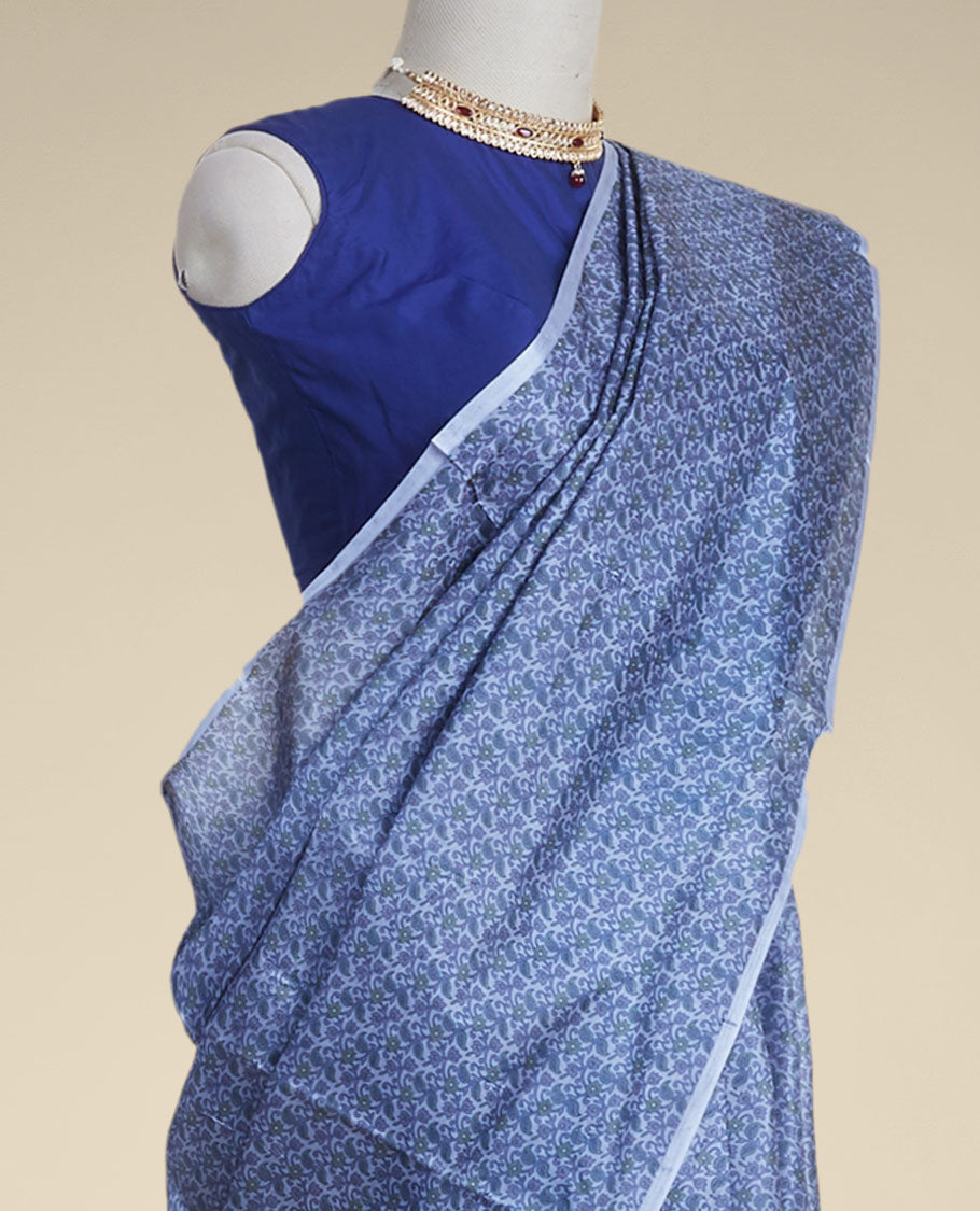 Pothys Blue floral design printed silk saree with contrast plain border
