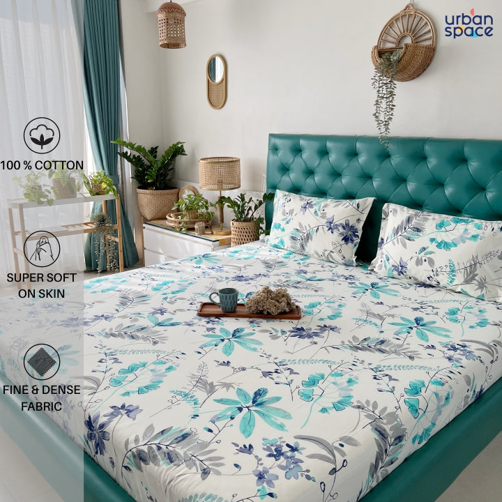 Urban Space -Home Furnishing Store Serene 200 TC 100% Cotton Single Bedsheet with Pillow Covers - Floral Feast Turquoise - view 2