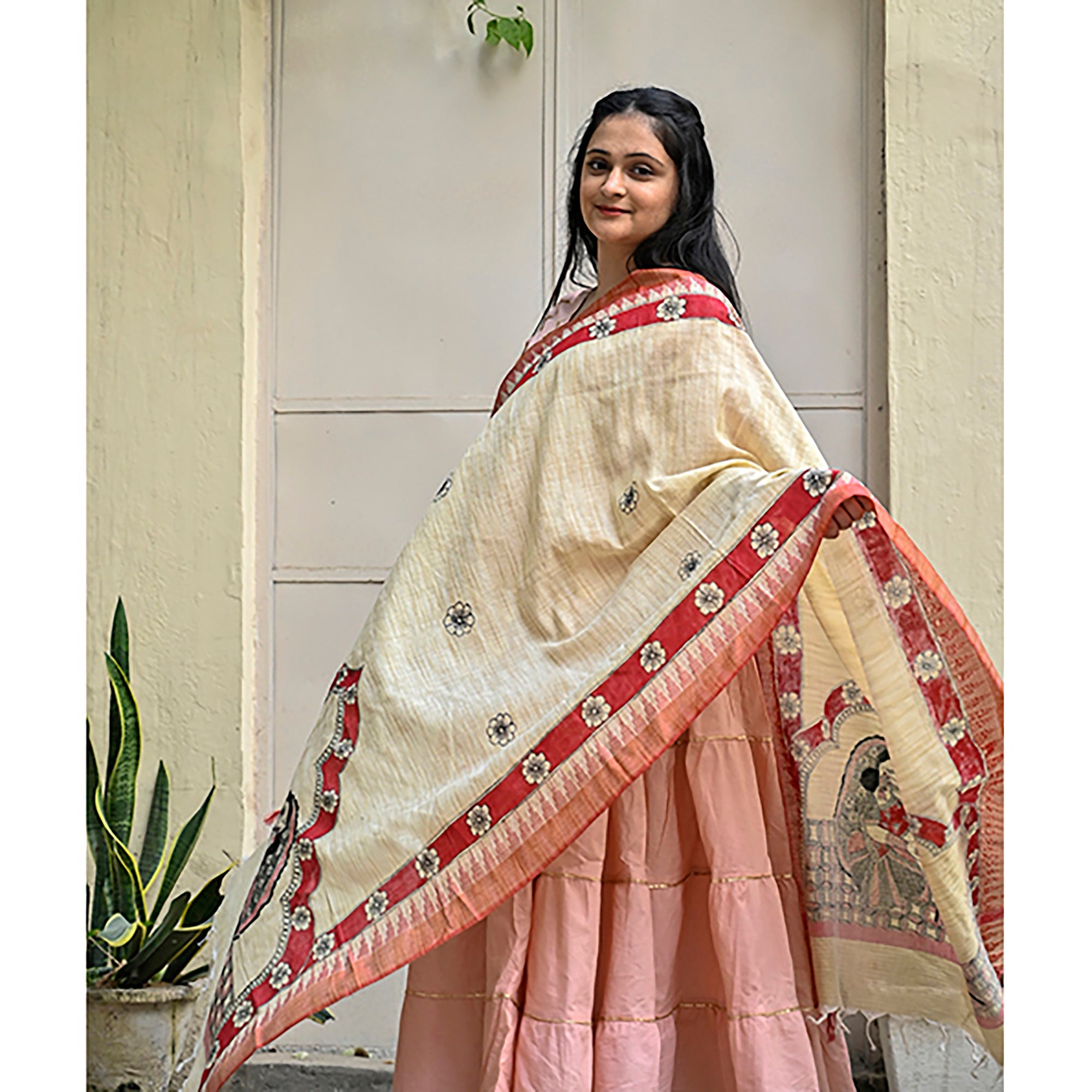 DIORAMA DESIGNS Beige - Madhubani Hand-Painted Makhan Chor Cotton Dupatta - view 4