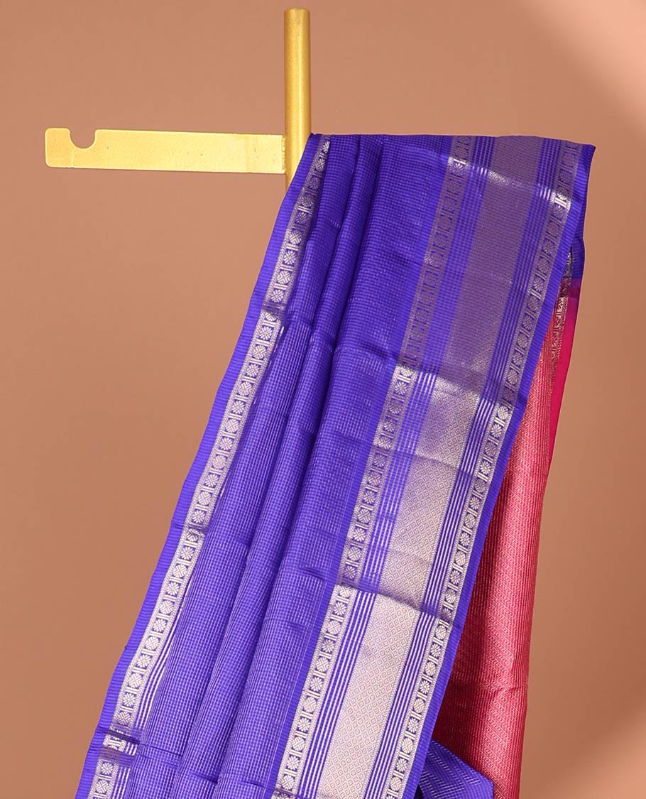 Pothys Blue checked silk saree with self traditional zari border & striped zari design pallu - view 3