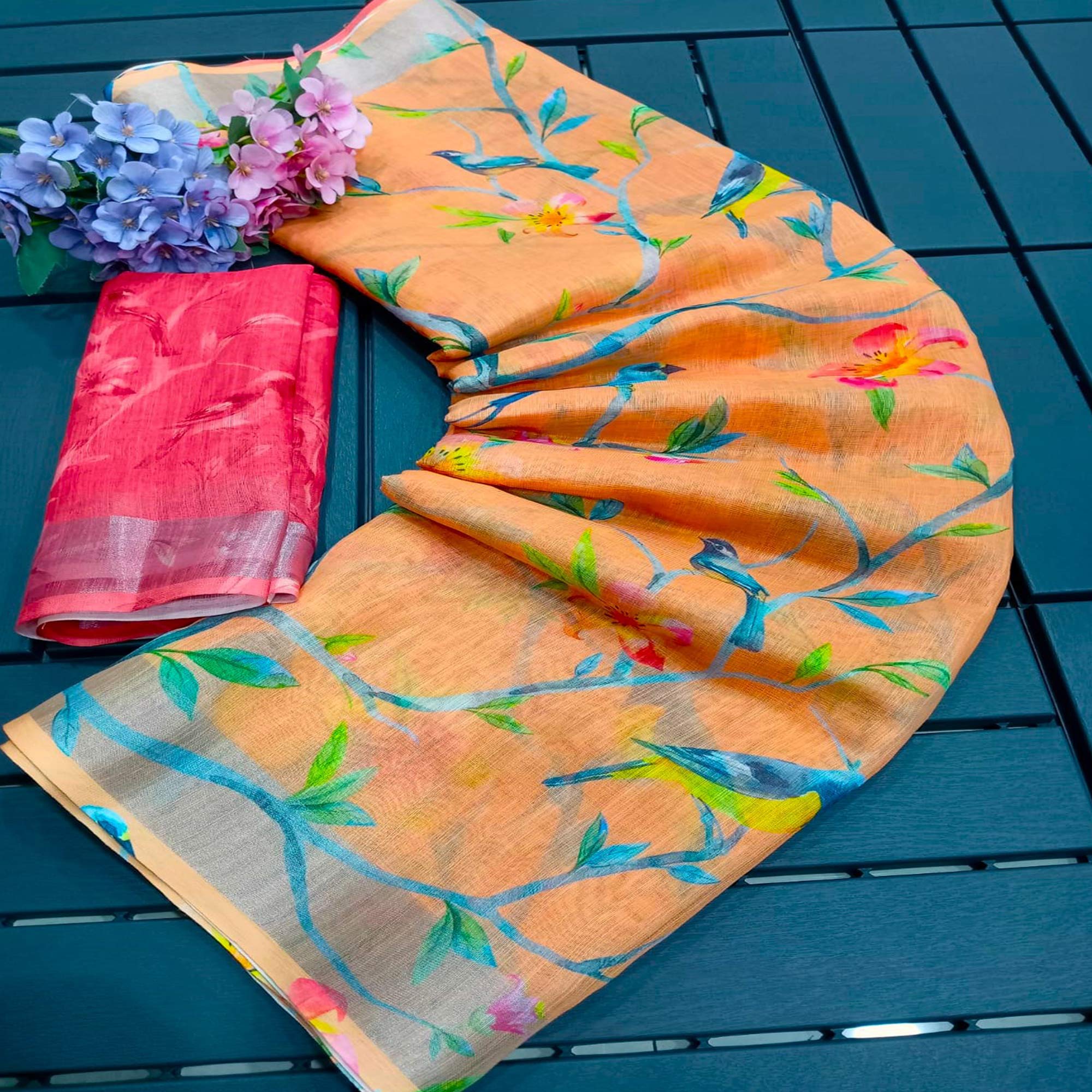 Peachmode Orange Printed Linen Saree – Women's