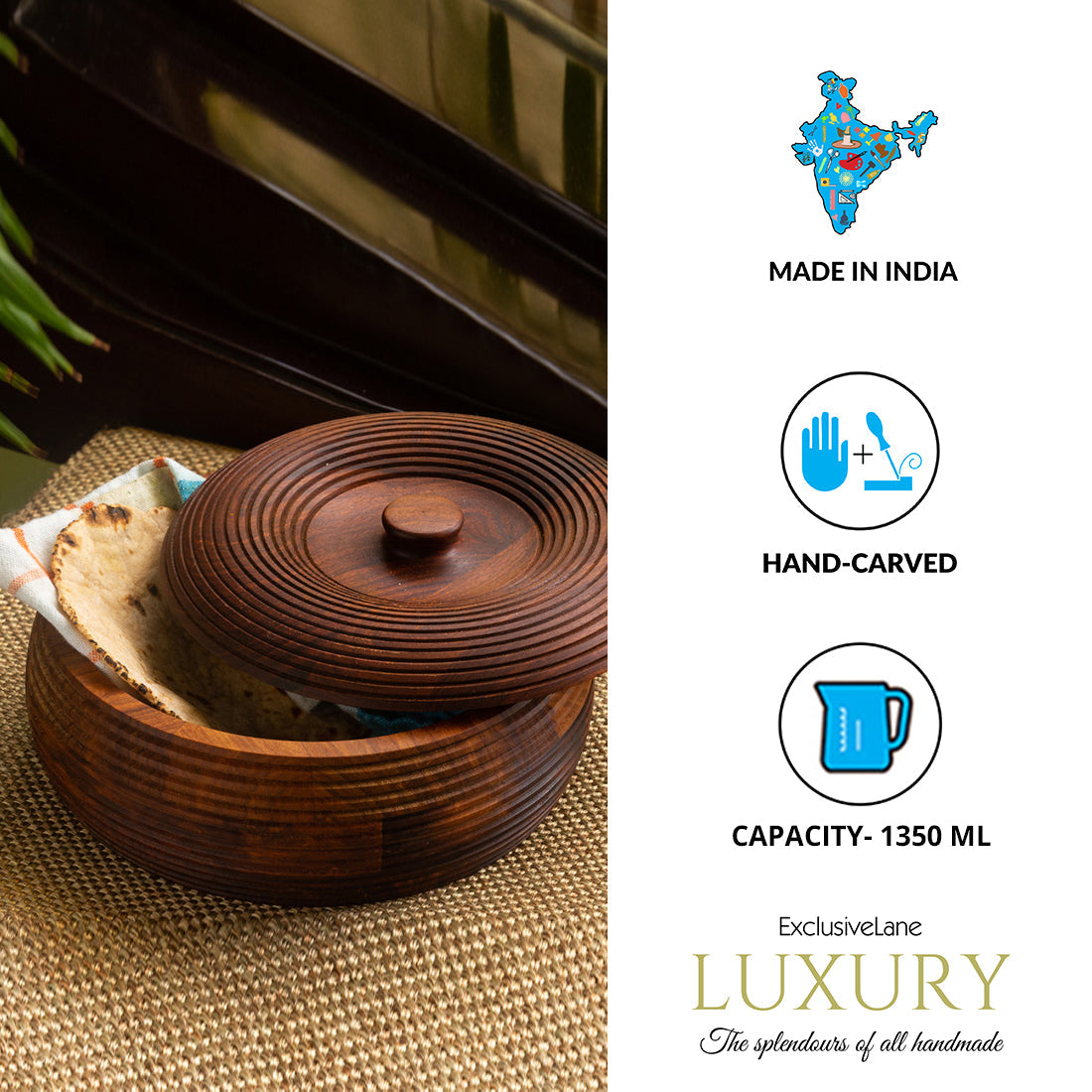 EXCLUSIVELANE 'Ripples of Wood' Handcrafted Chapati Box With Lid In Sheesham Wood (1350 ML) - view 5
