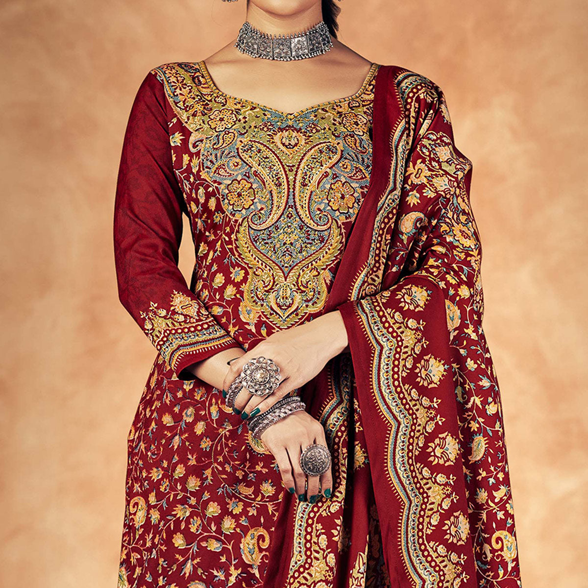 Peachmode Maroon Floral Printed Pashmina Woolen Suit - view 3