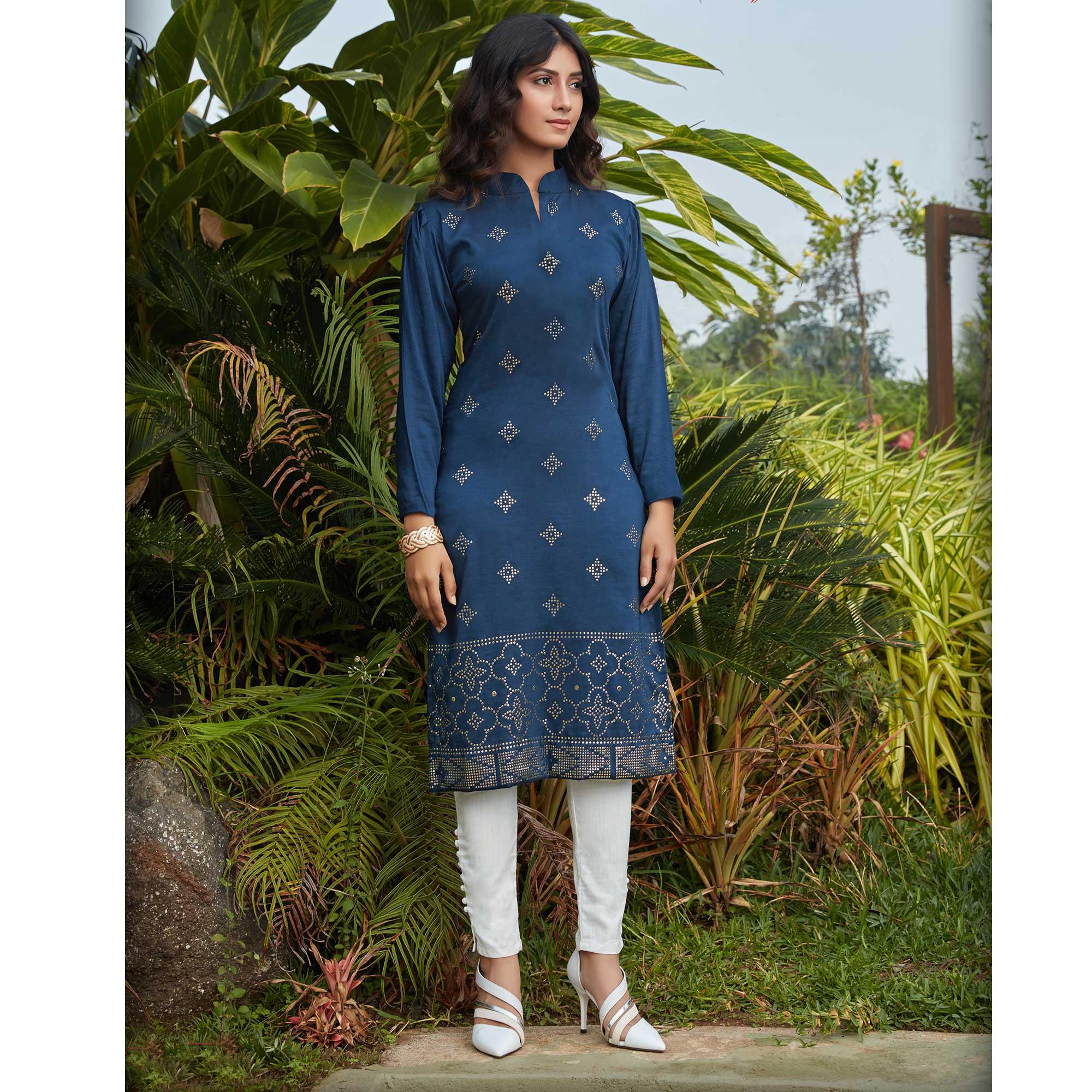 Peachmode Seller Engrossing Navy Blue Casual Wear Glistering Embellishment Silky Cotton Kurti - view 2