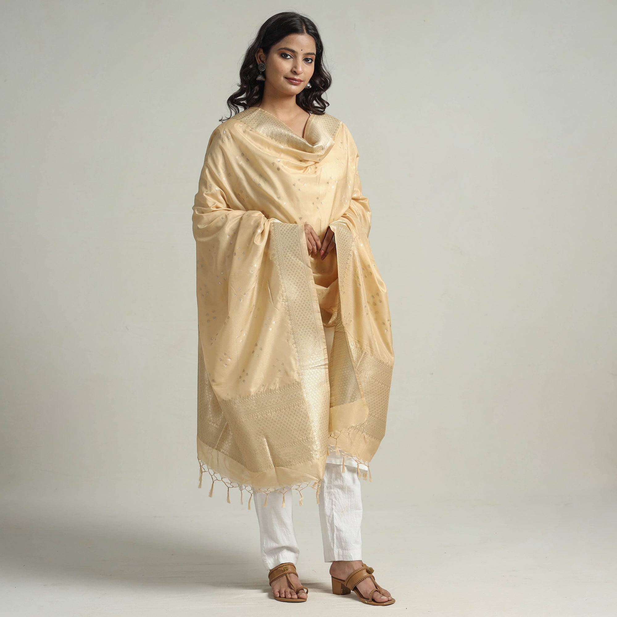BANARASI BY MAQBUL HASAN Beige - Banarasi Semi Silk Zari Jaal Dupatta with Tassels 05 - view 2