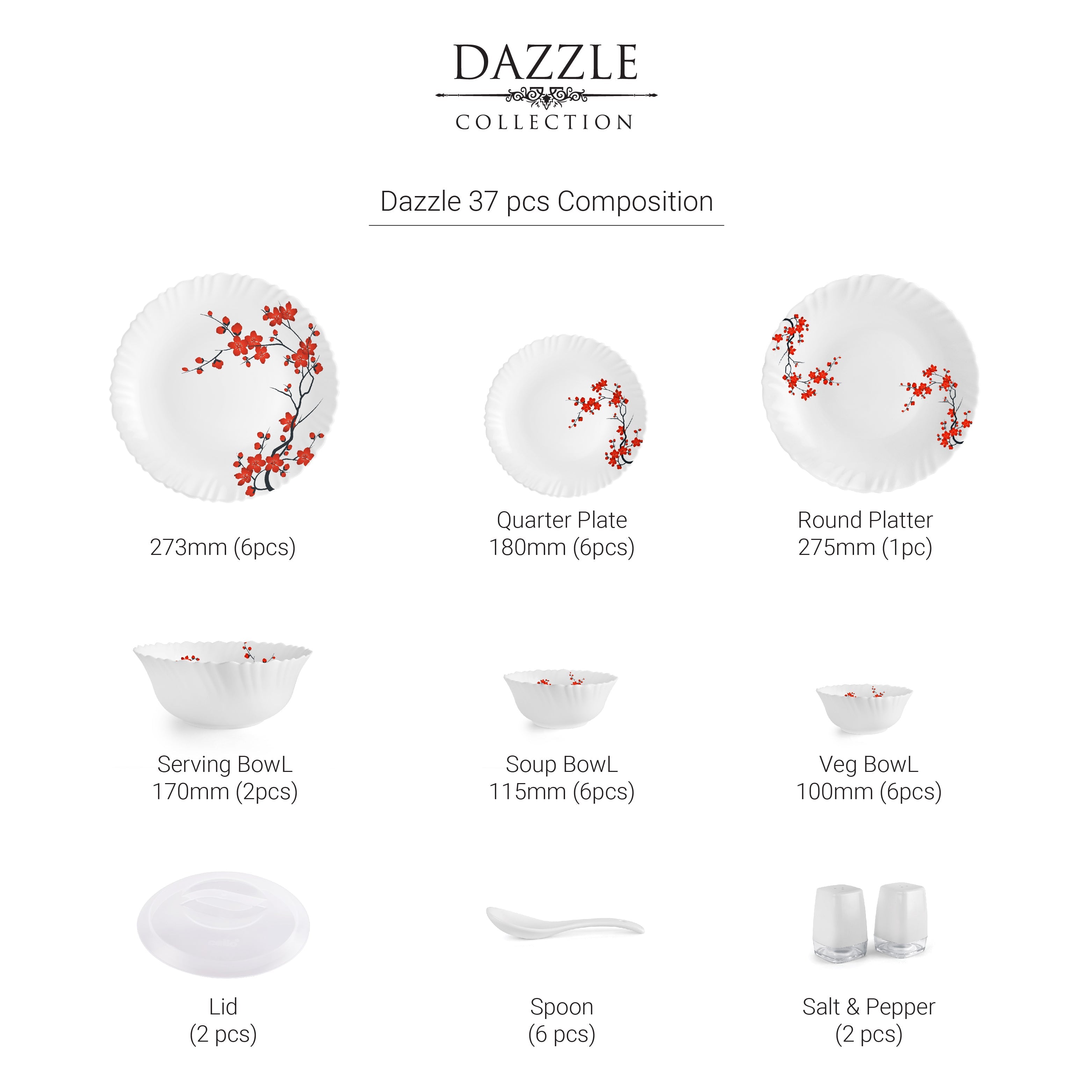 Cello Dazzle Series 37 Pieces Opalware Dinner Set for Family of 6 - view 4