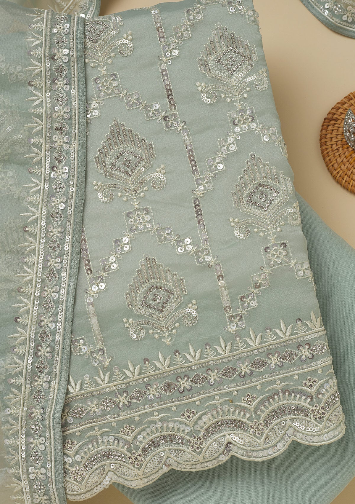 Koskii Pista Green Zariwork Tissue Unstitched Salwar Suit - view 2