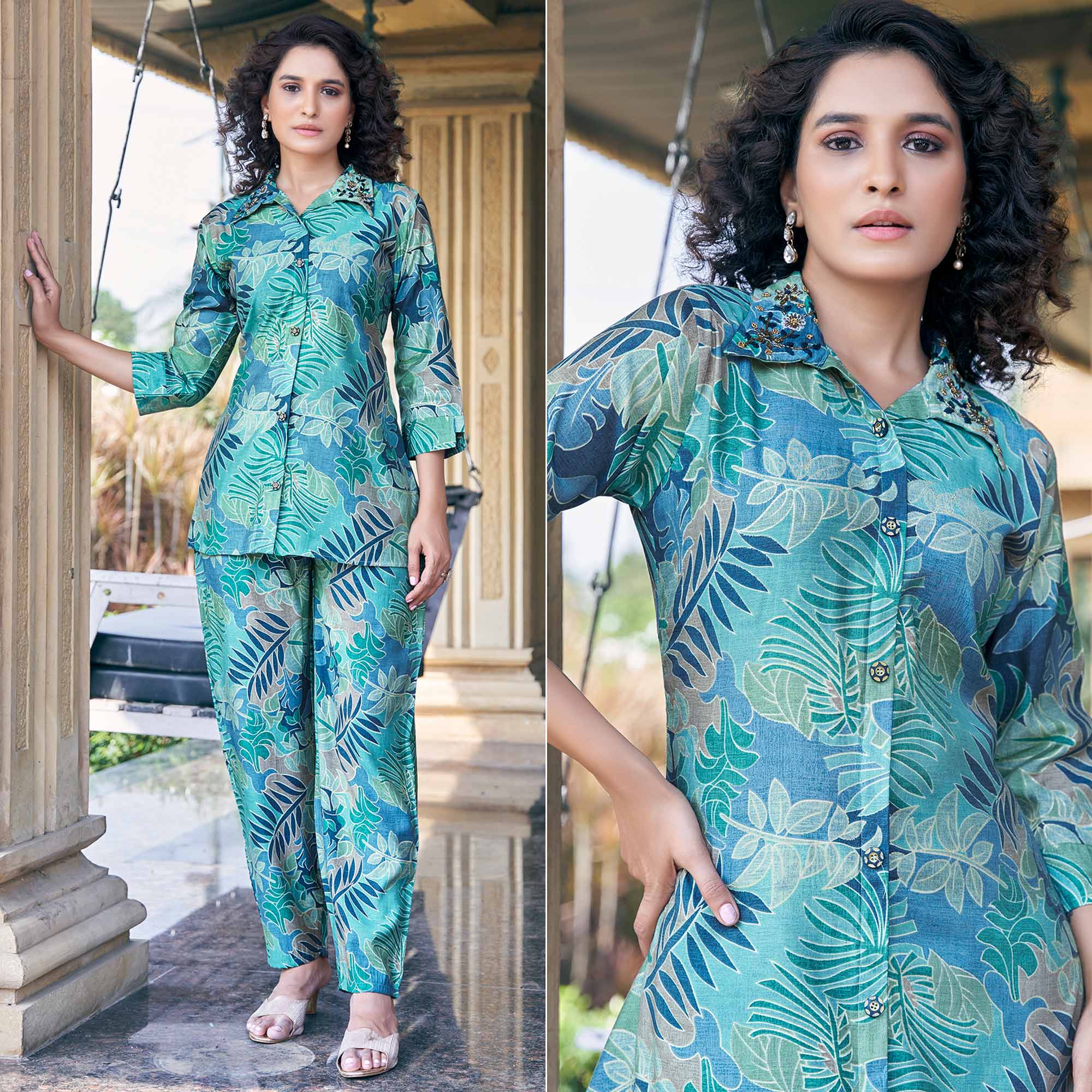 Green co-ords – BlackTree green-foil-printed-chanderi-silk-co-ord-set