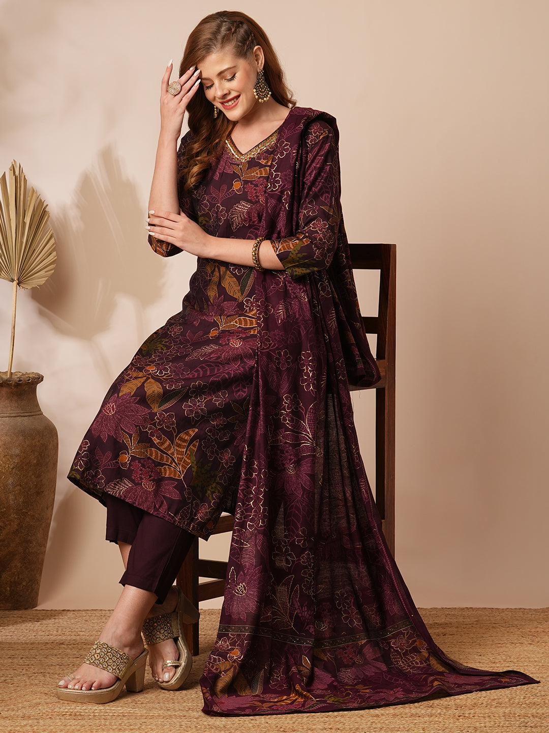 FASHOR Floral Foil Printed & Embroidered Straight Kurta with Pant & Dupatta - Burgundy