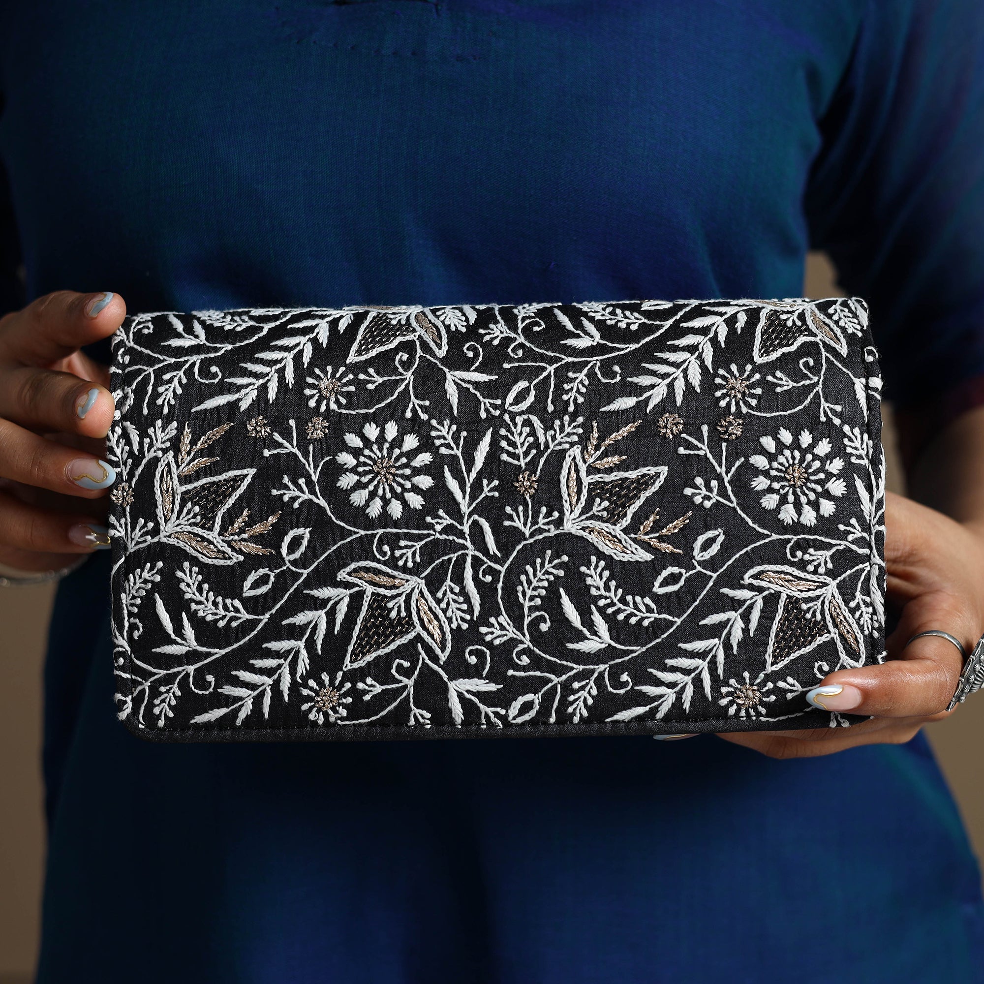 LAVANGG Black - Chikankari Hand Embroidery Tussar Silk Clutch / Sling Bag 09 - view 5