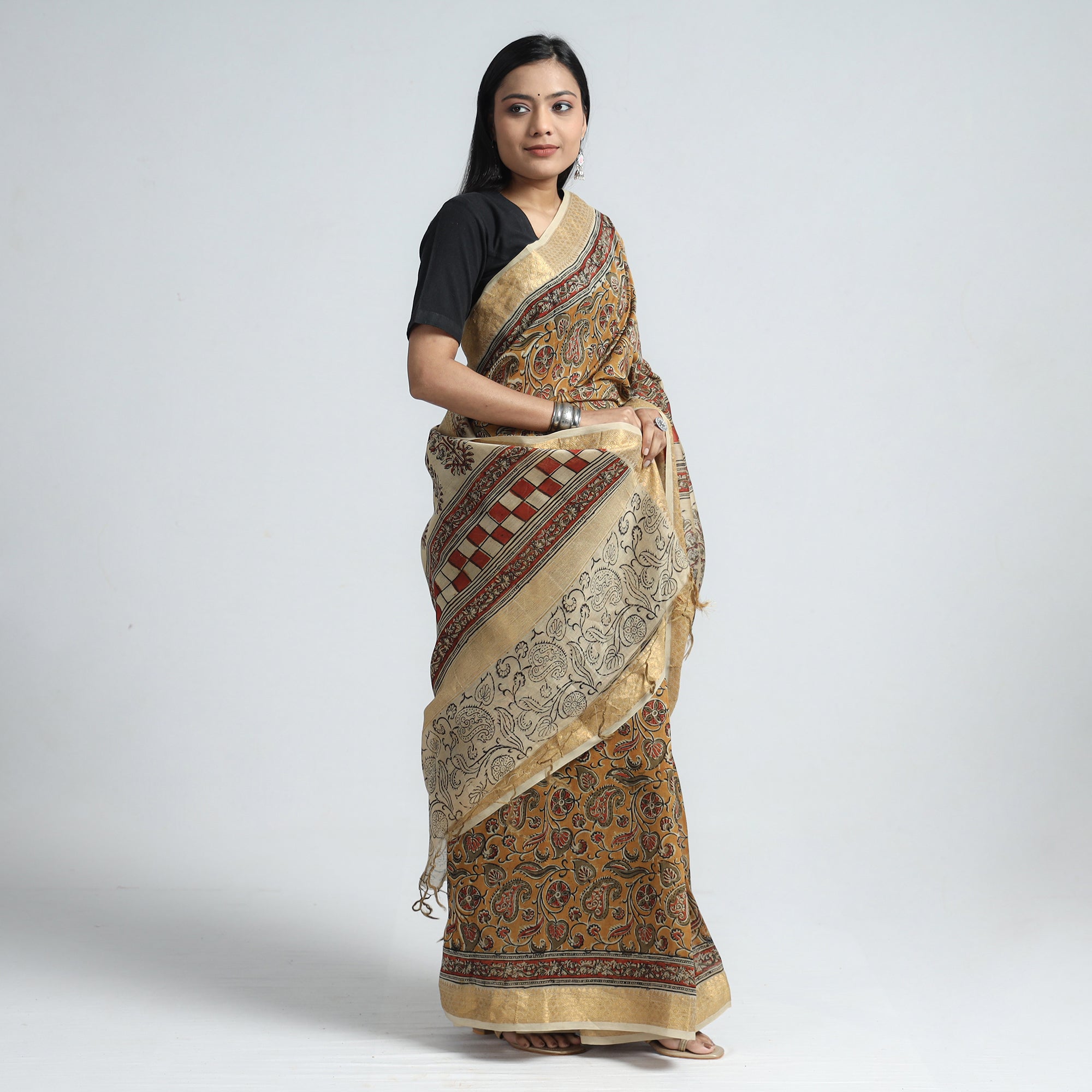 VENKATA BHANU KALAMKARI PEDANA Brown - Original Pedana Kalamkari Block Print Silk Saree