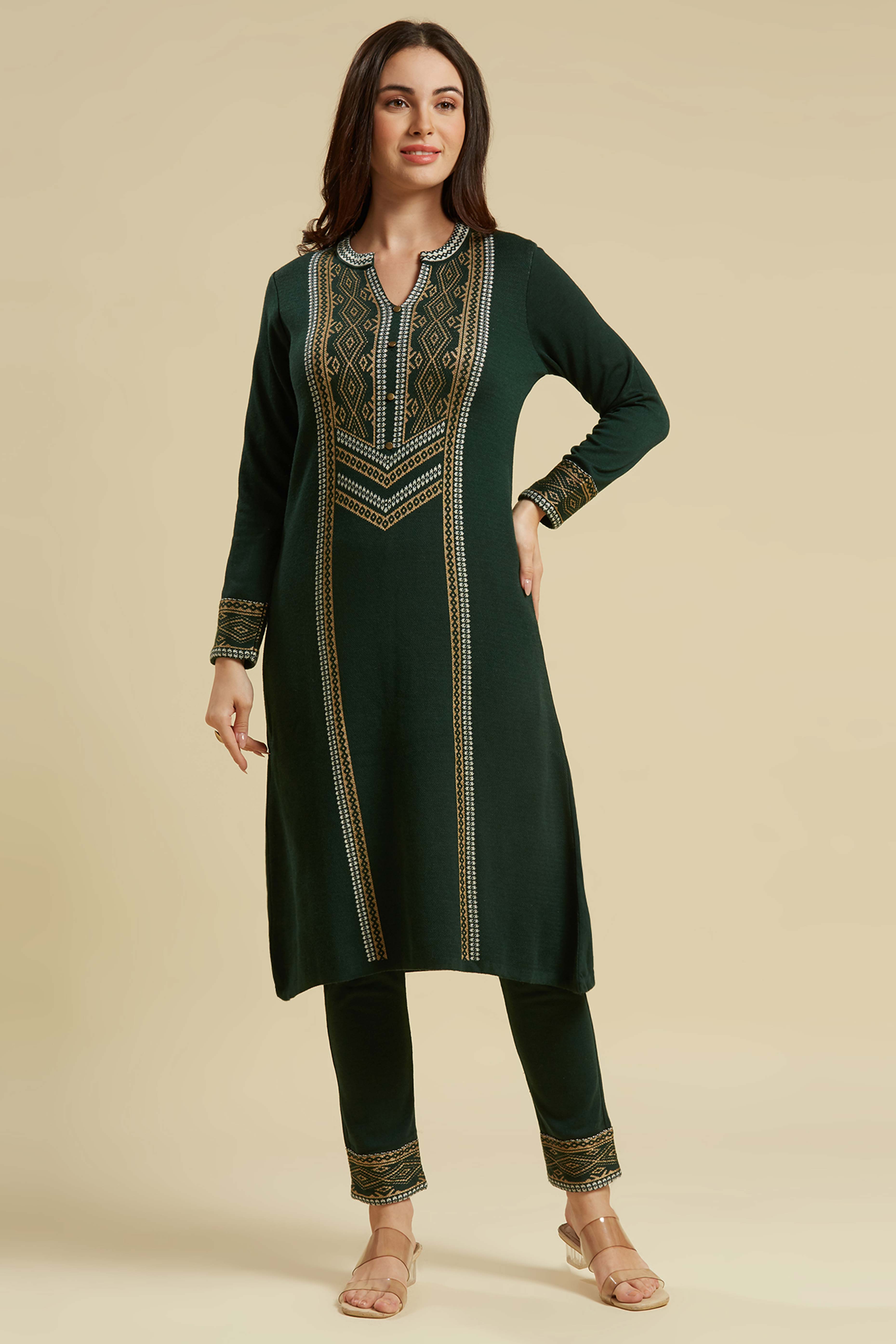 Peachmode Bottle Green Floral Woolen Top Bottom Set - view 3
