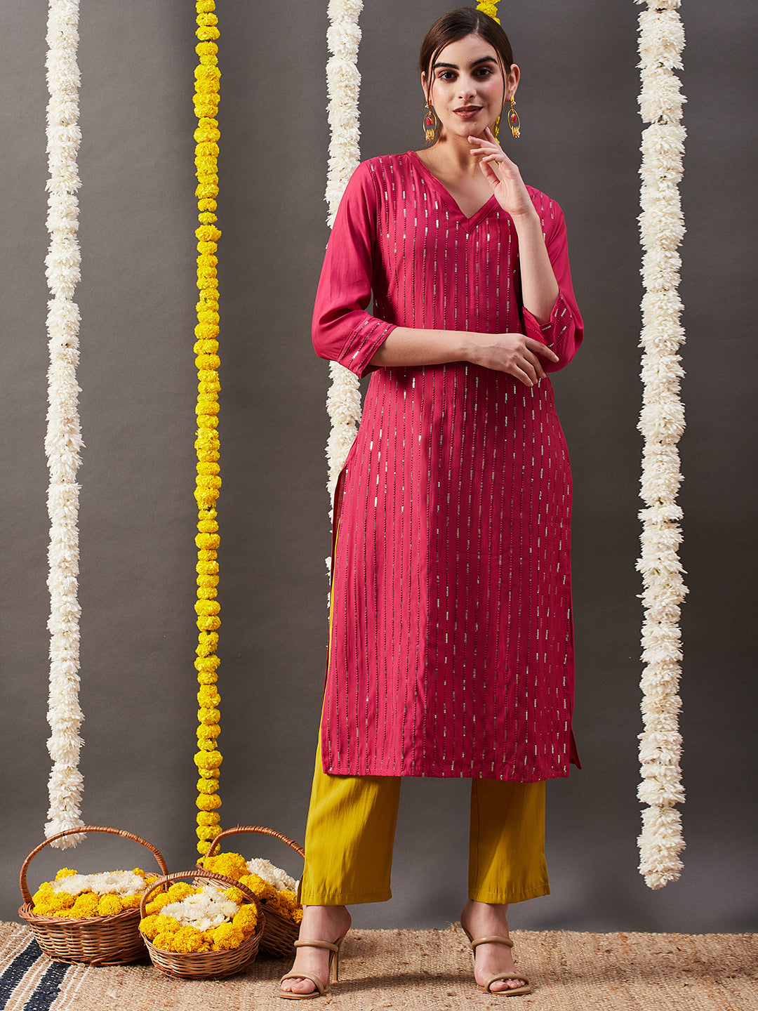 Fashor Solid Sequin Embroidered Straight Kurta with Pant - Pink
