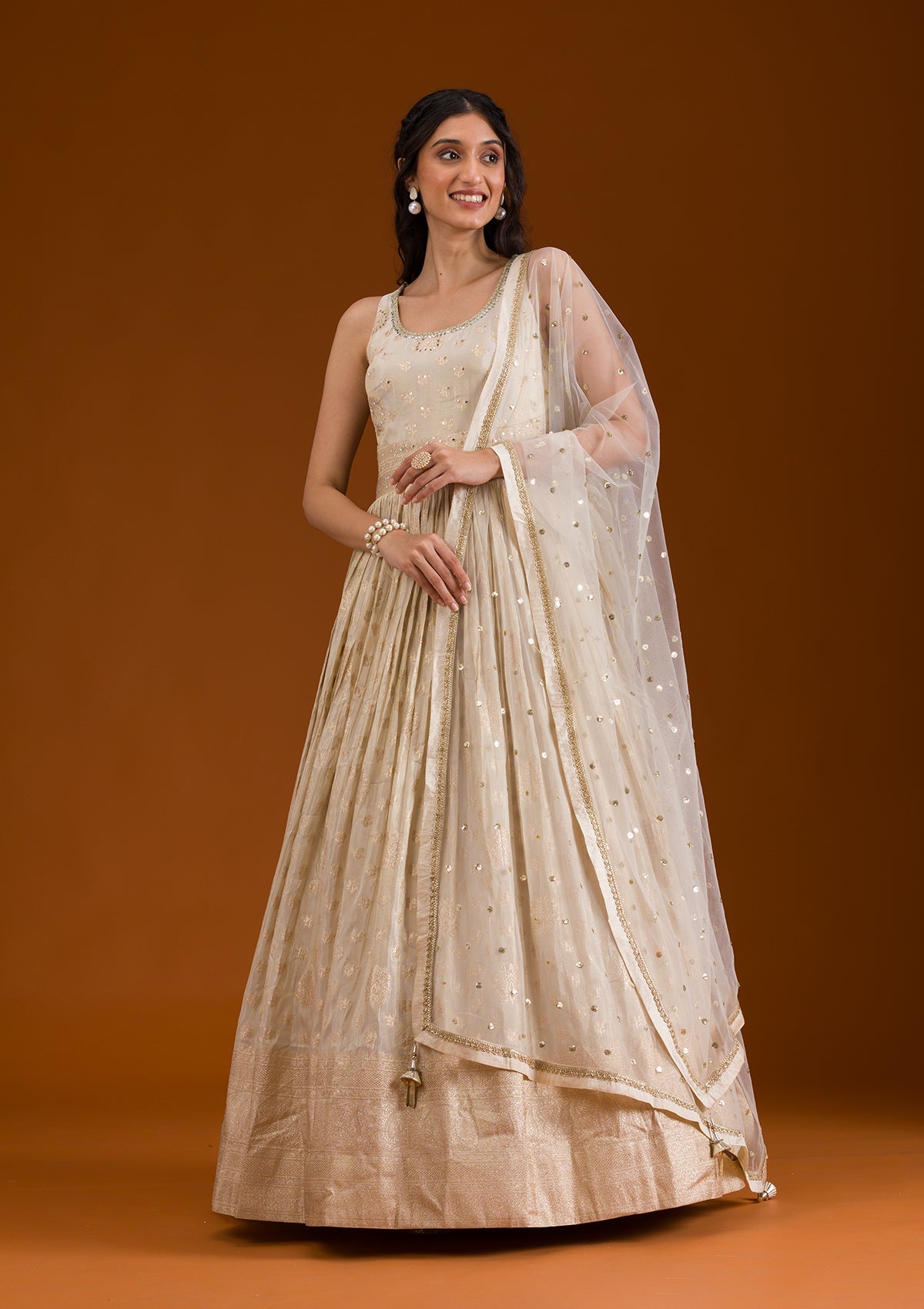Koskii Beige Zariwork Semi Crepe Readymade Salwar Suit