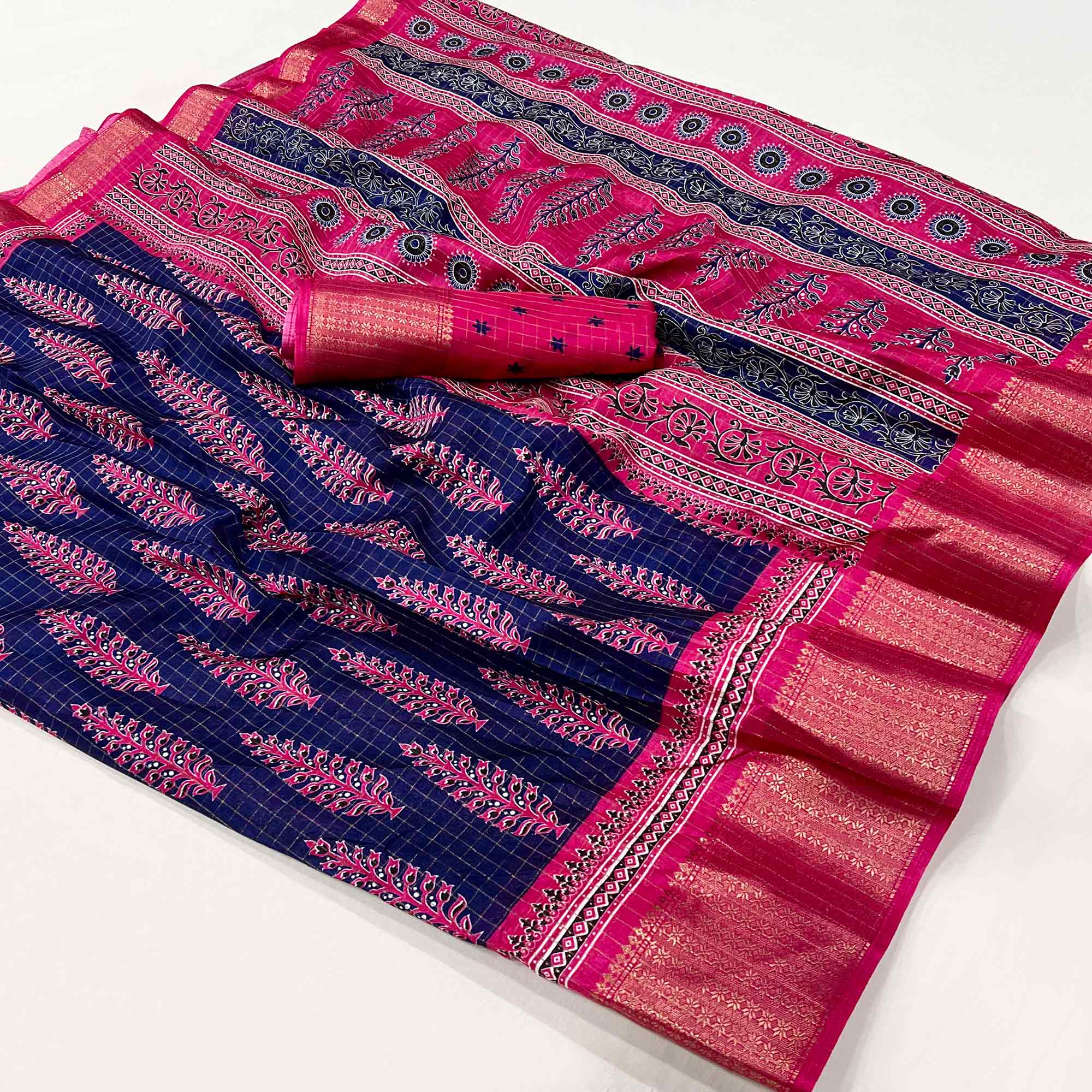 Peachmode Navy Blue Zari Woven With Printed Dola Silk Saree
