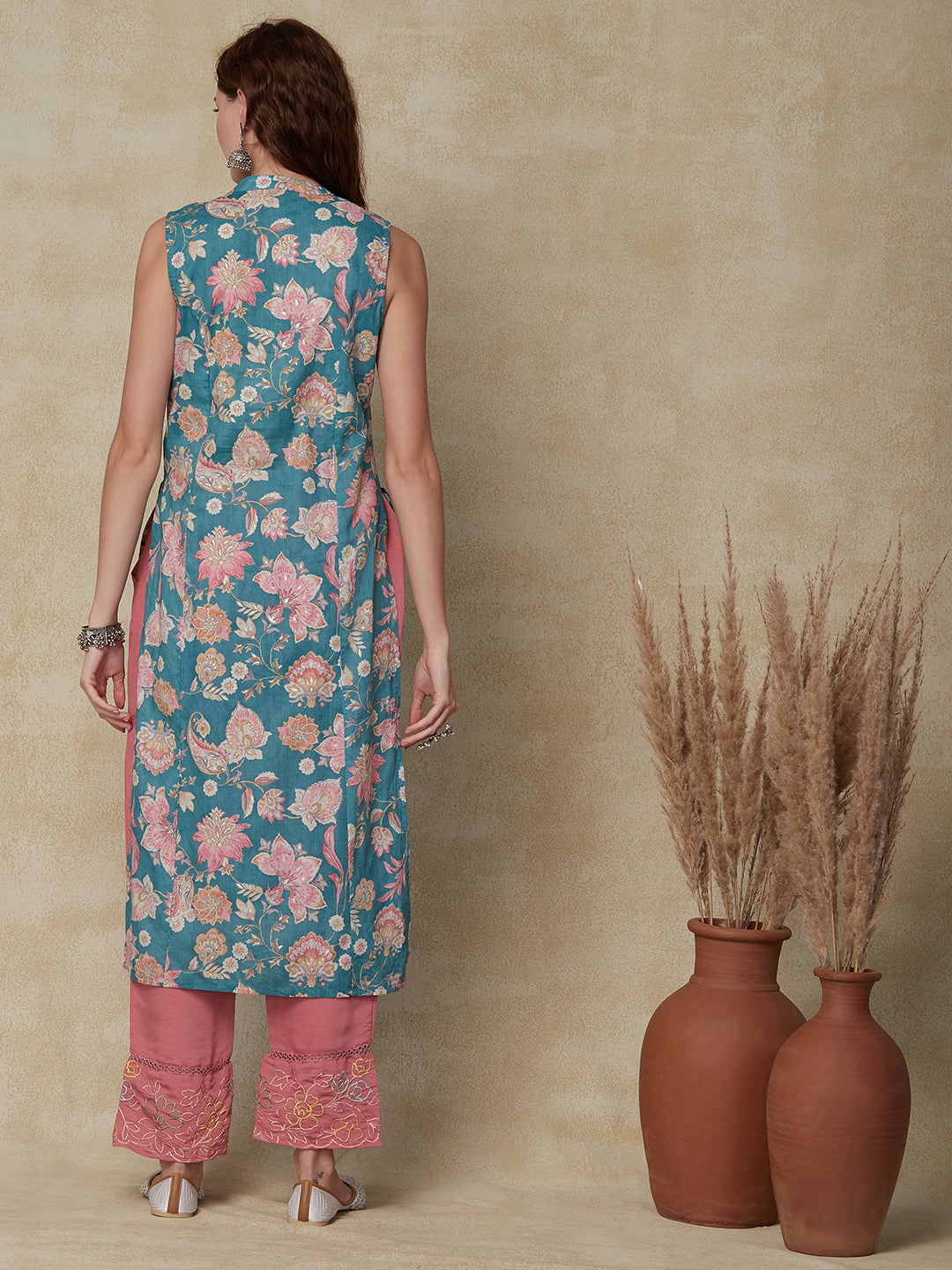 Fashor Ethnic Floral Printed & Embroidered Straight Fit Kurta - Sea Green - view 6
