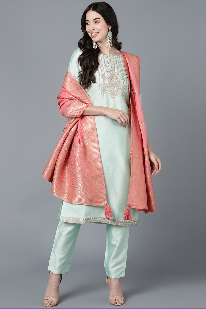 Ahika Mint Green Poly Silk Straight Kurta Pant With Dupatta Set PKSKD1478