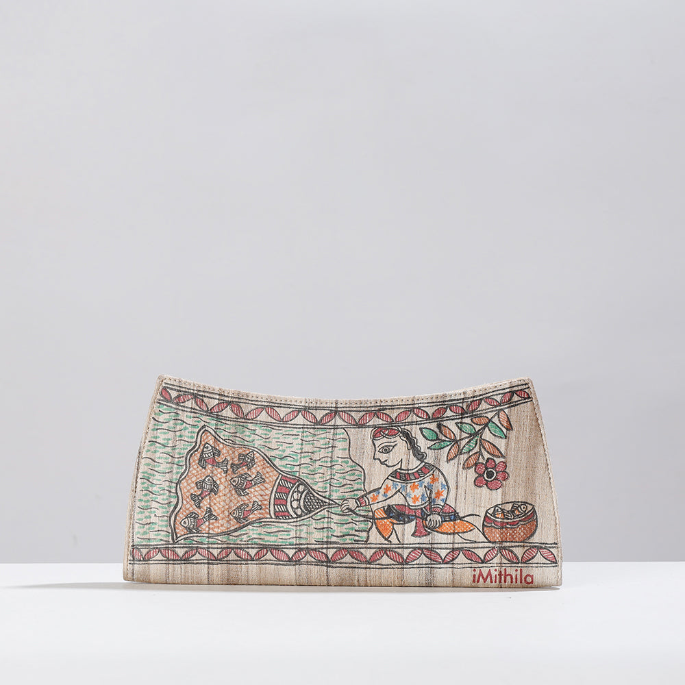 ITOKRI CRAFTS INITIATIVE Beige - Madhubani Handpainted Tussar Silk Clutch