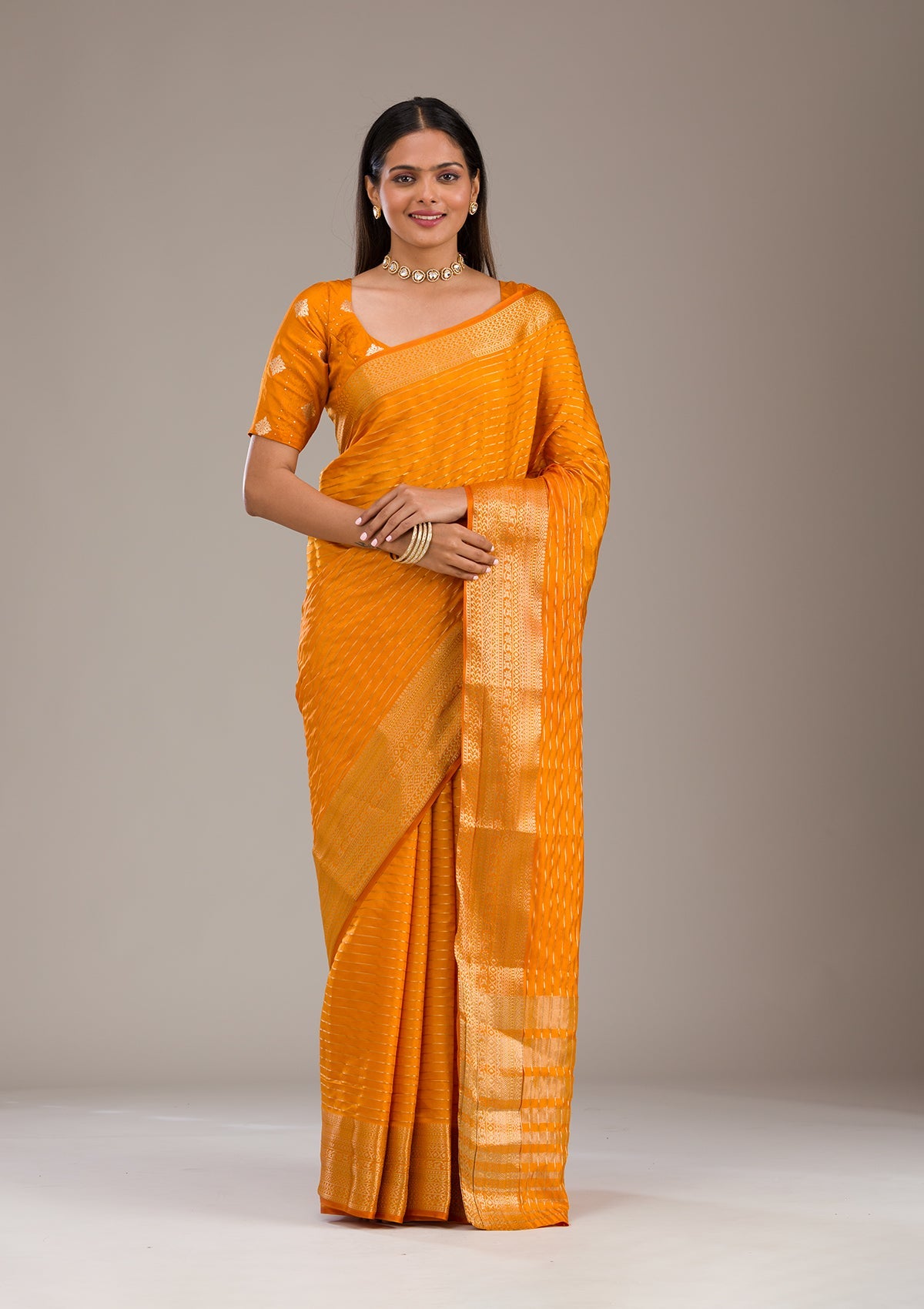 Koskii Orange Zariwork Soft Silk Saree – Women's - view 4