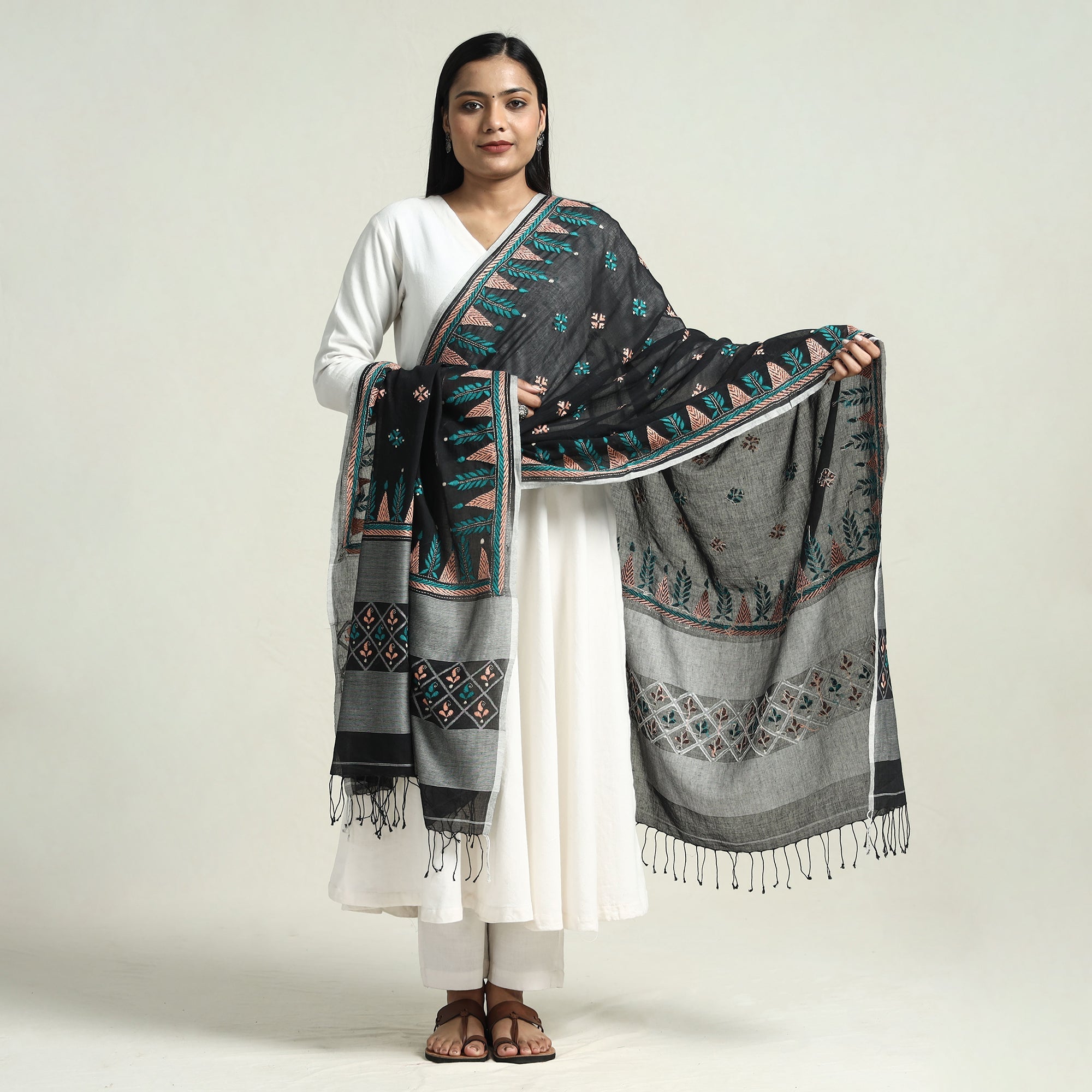 KHUSHBASH - HAPPY LOOM OF EAST Black - Bolpur Kantha Embroidery Cotton Handloom Dupatta with Tassels - view 2