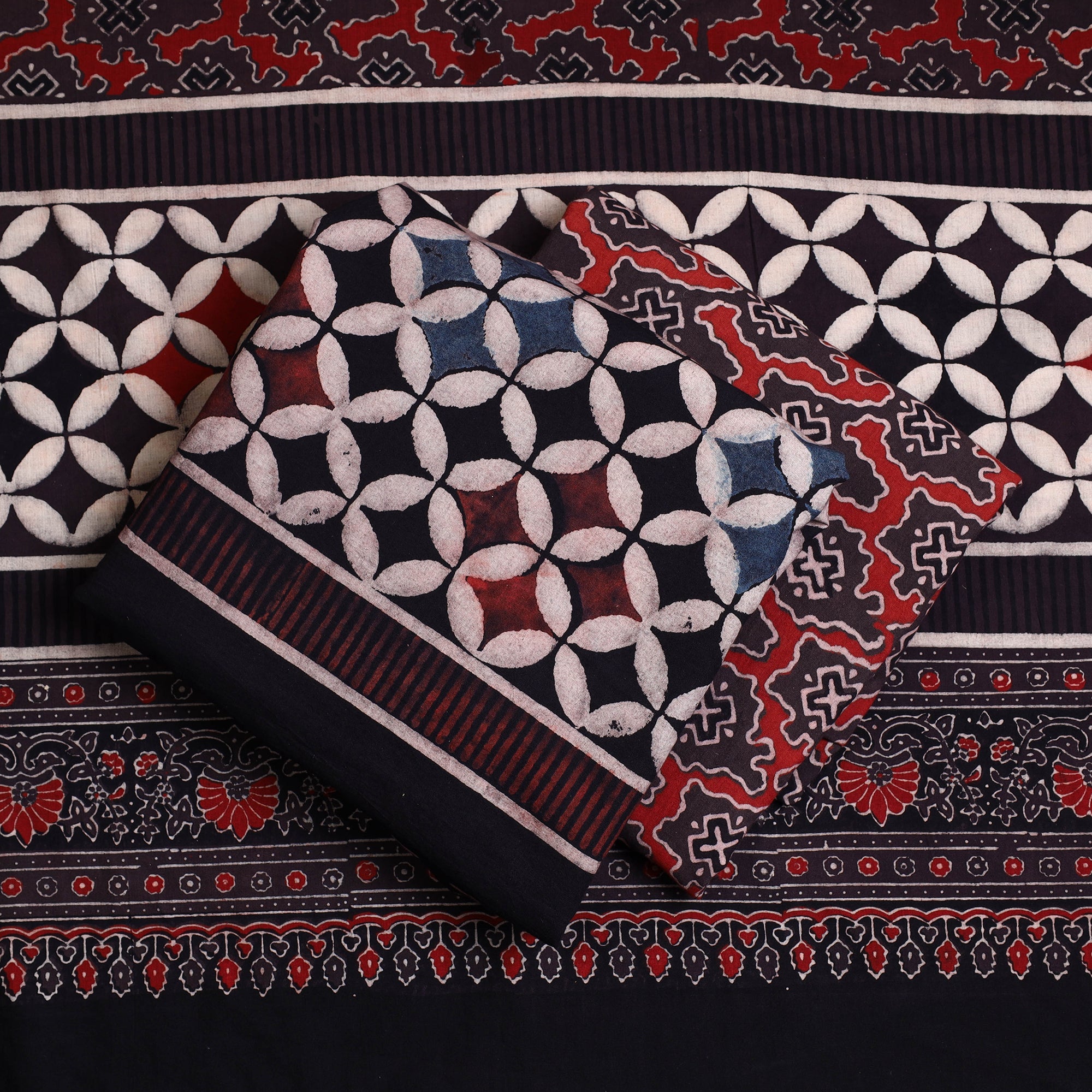 AJRAKH BY JABBAR KHATRI Black - Hand Block Print Cotton 3pc Ajrakh Dress Material 28 - view 2