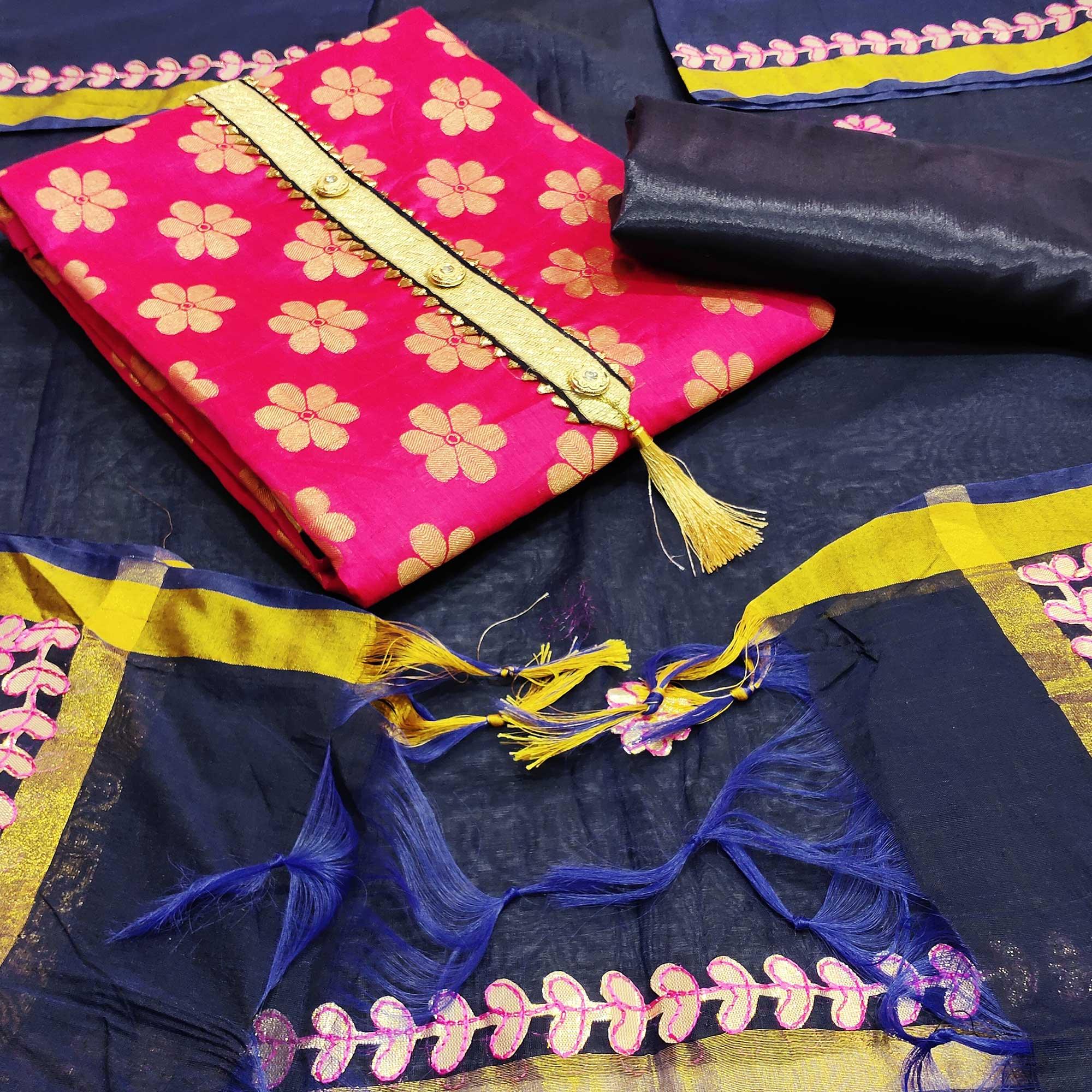 Peachmode Jazzy Pink Colored Festive Wear Woven Banarasi Silk Dress Material