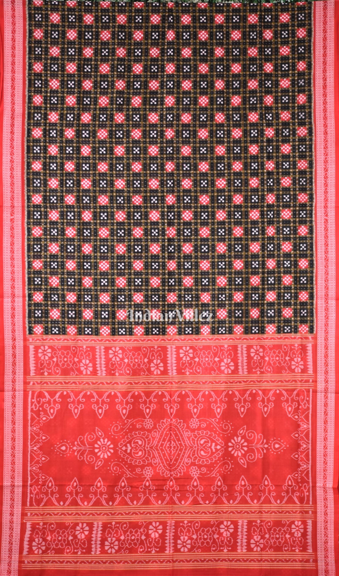 IndianVillèz Black Red Pasapali Sambalpuri Cotton Saree