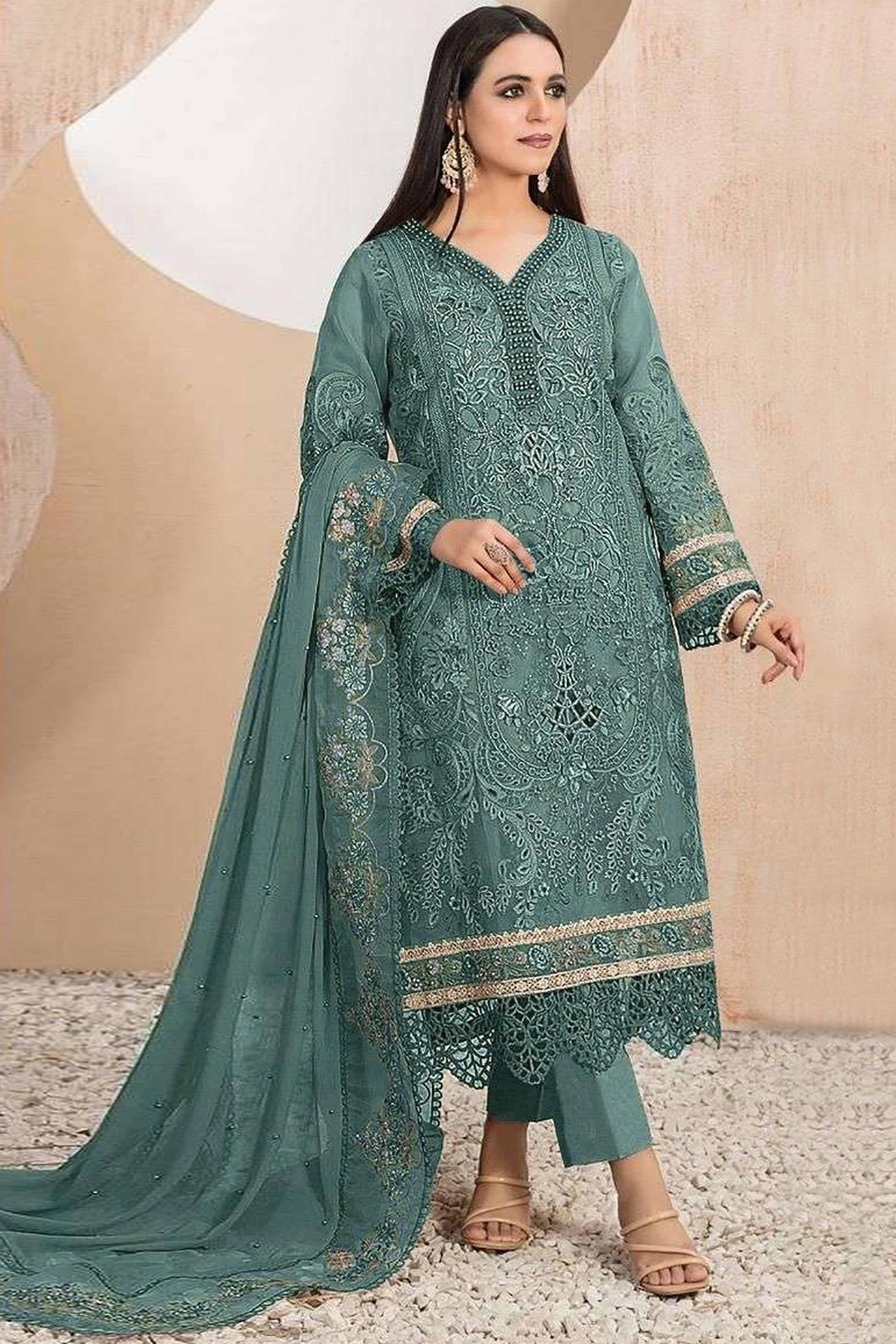 Green suits – BlackTree green-floral-sequins-embroidery-with-motiwork-organza-semi-stitched-pakistani-suit