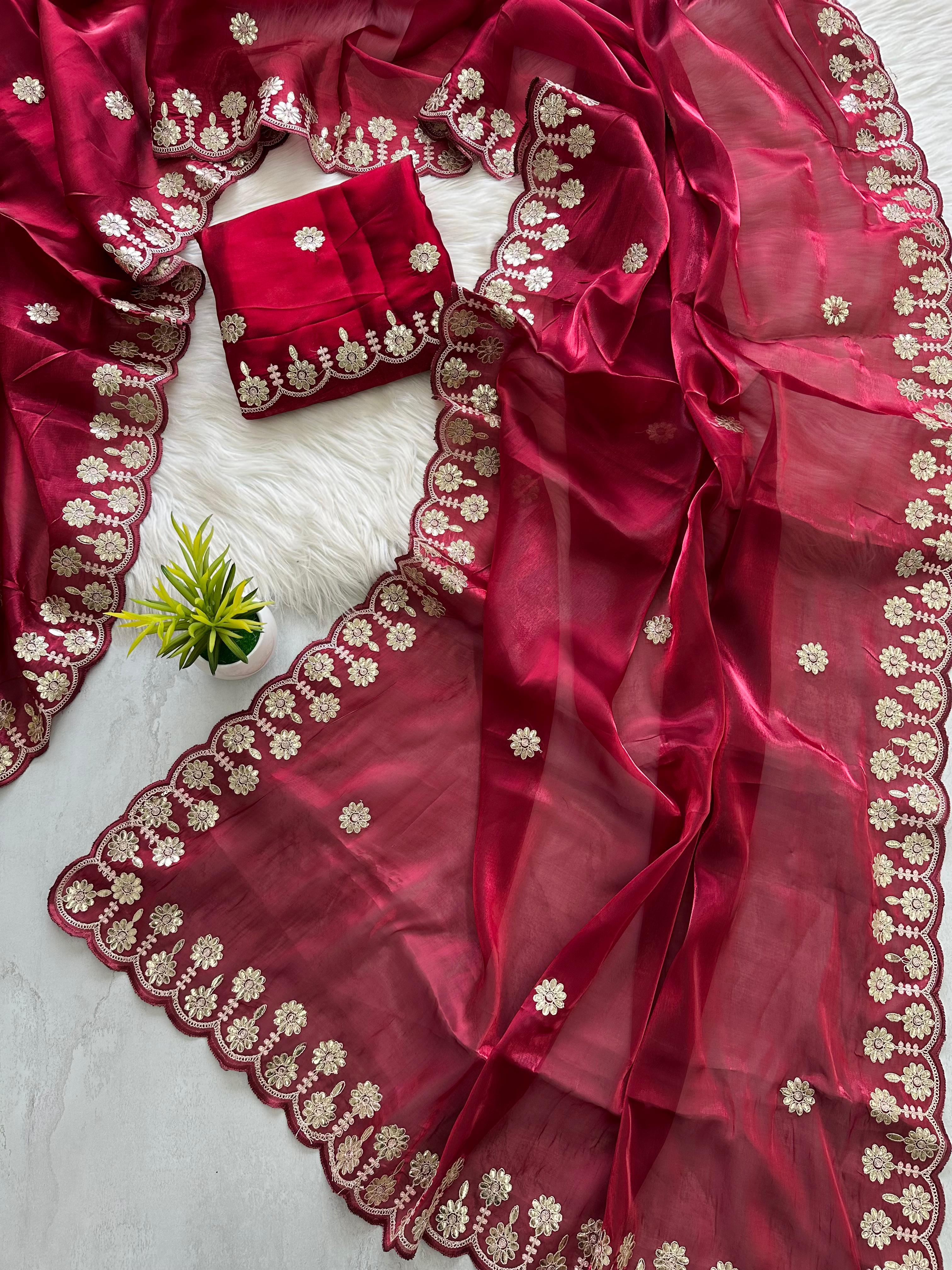 ClothsVilla Maroon Jimmy Choo Saree with Beautiful Jaipuri Gota Work – Complete with Matching Running Blouse - view 2