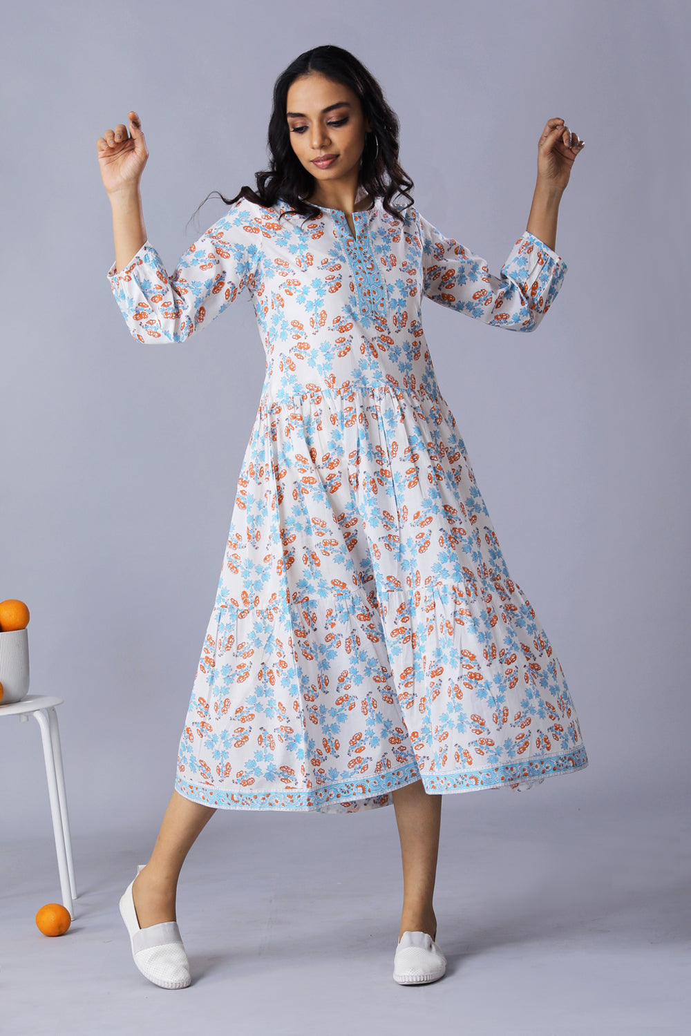 Kalanjali Ethnics Handblock printed cotton tiered dress