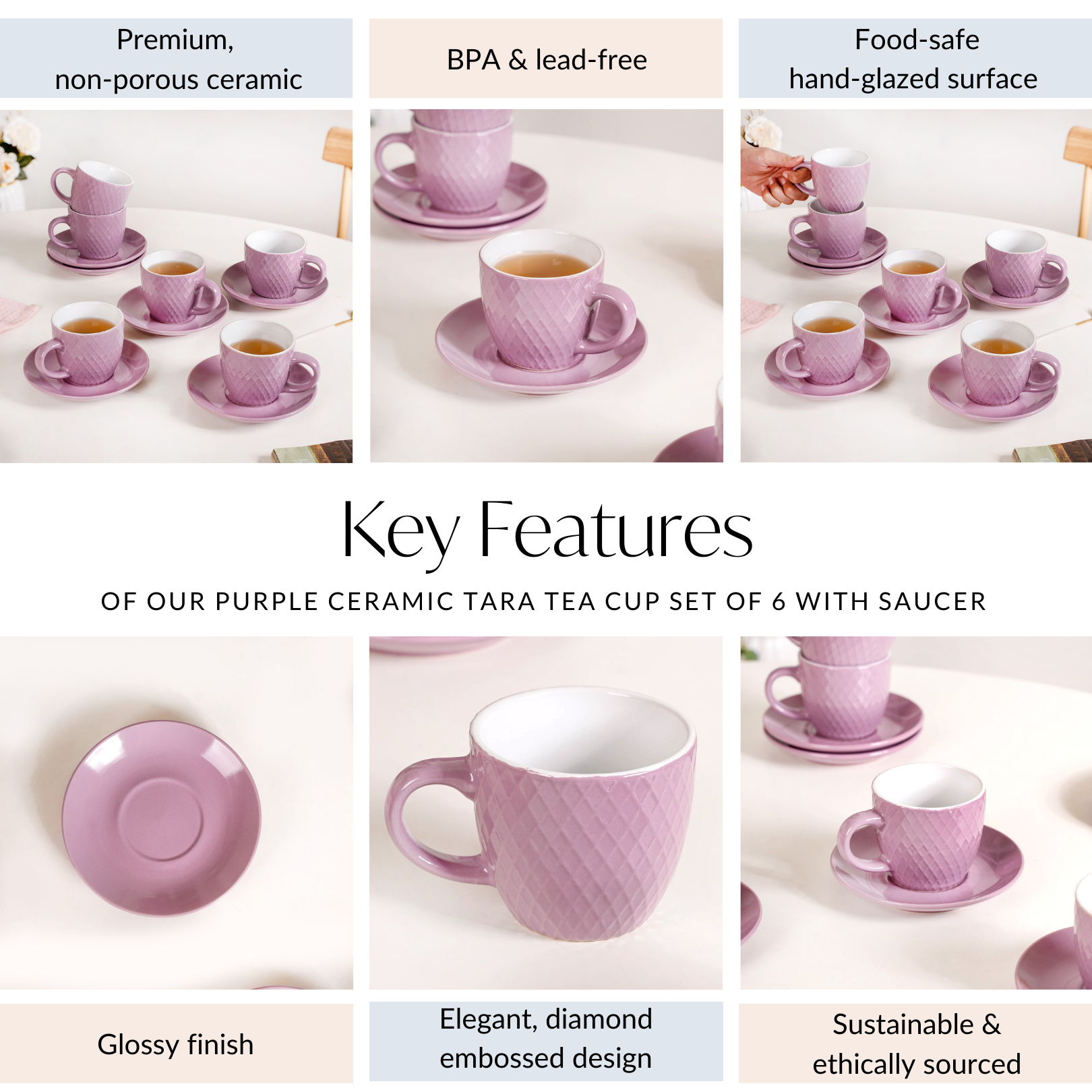 Nestasia Purple Ceramic Tara Tea Cup Set Of 6 With Saucer 225ml - view 5