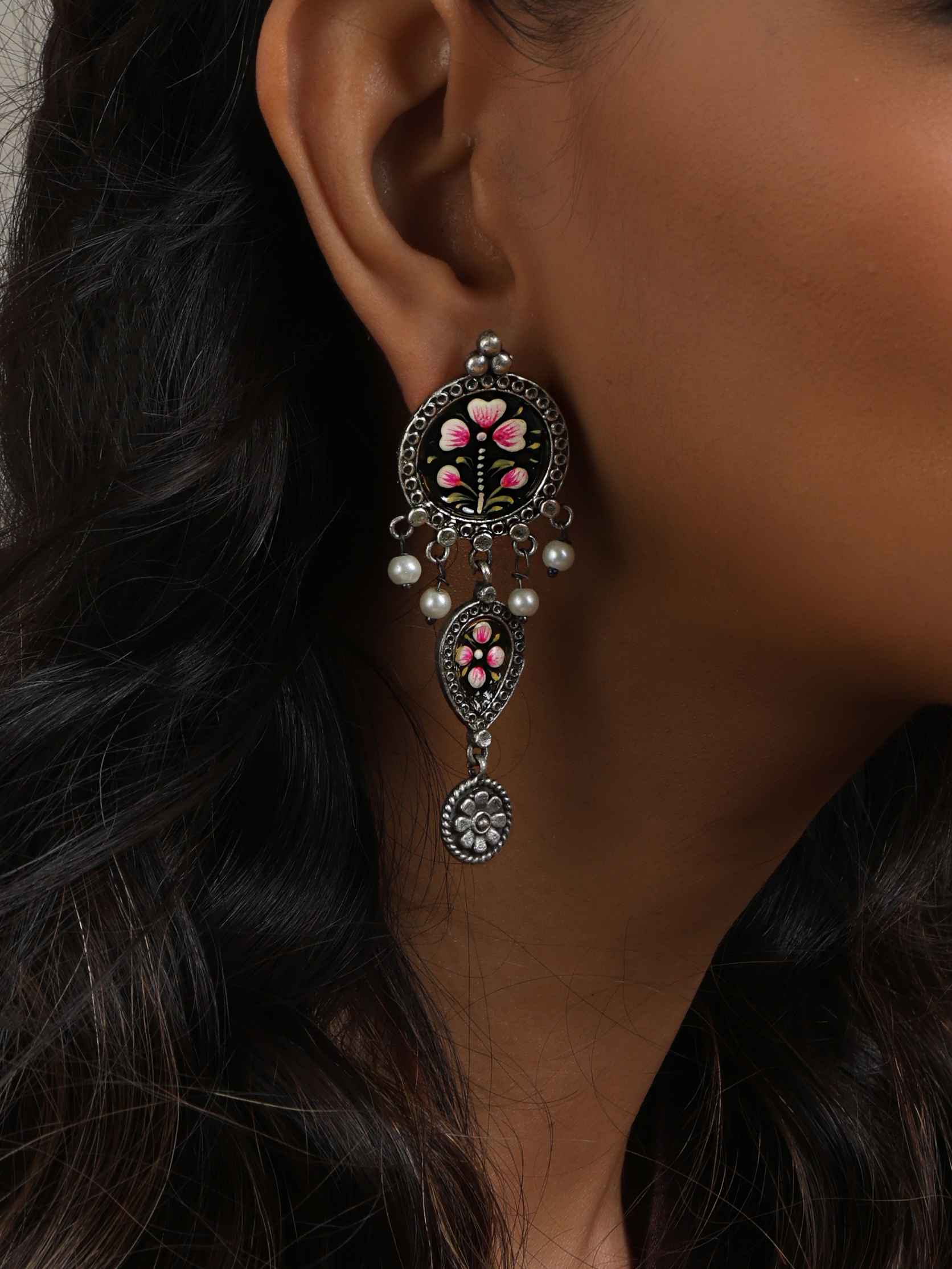 trueBrowns Silver Tone Handpainted Dangle Earrings - view 3
