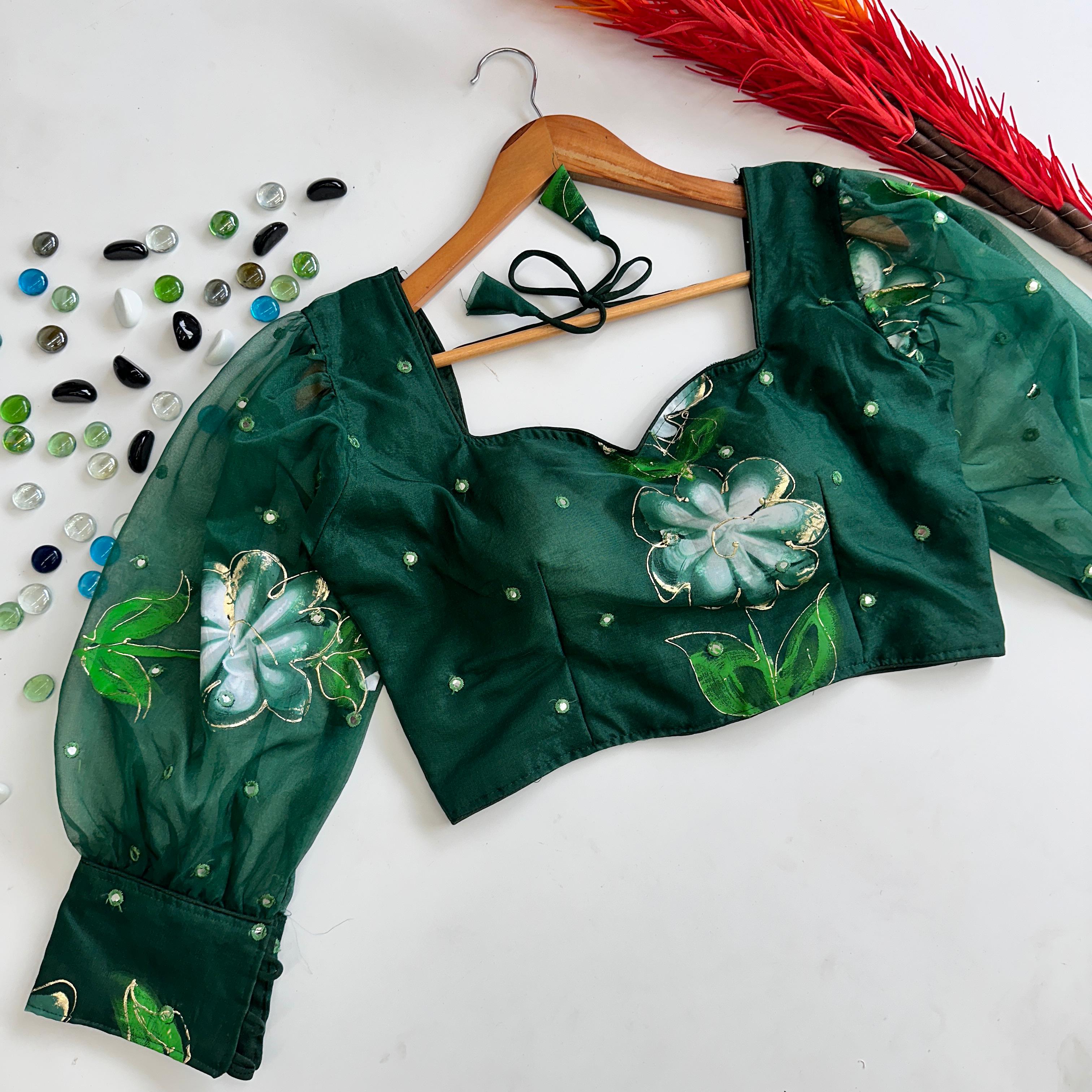 ClothsVilla Green Hand-Painted Organza Silk Blouse with Embroidery Accents