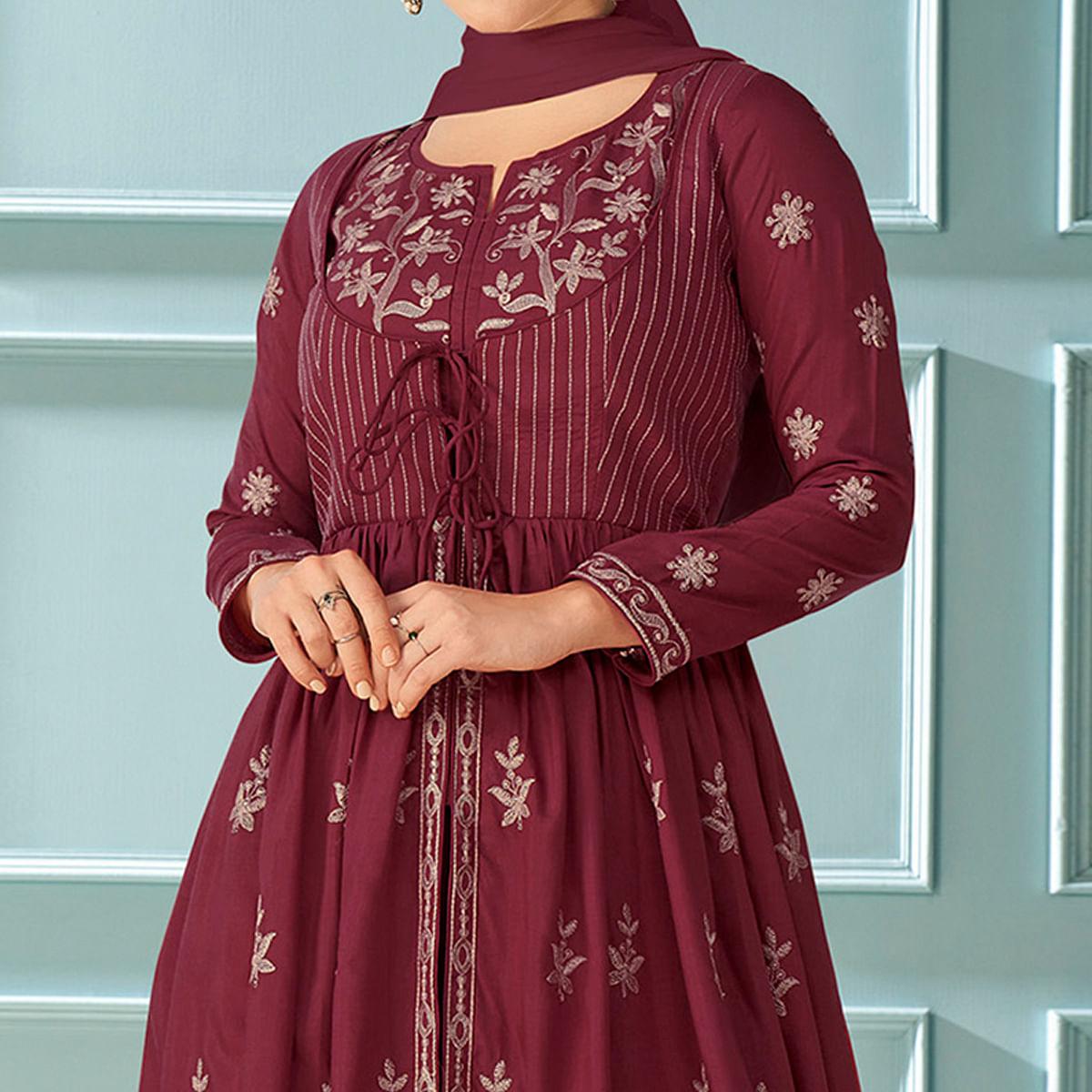 Peachmode Seller Maroon Partywear Embroidered Rayon Kurti - Palazzo Set With Dupatta - view 2