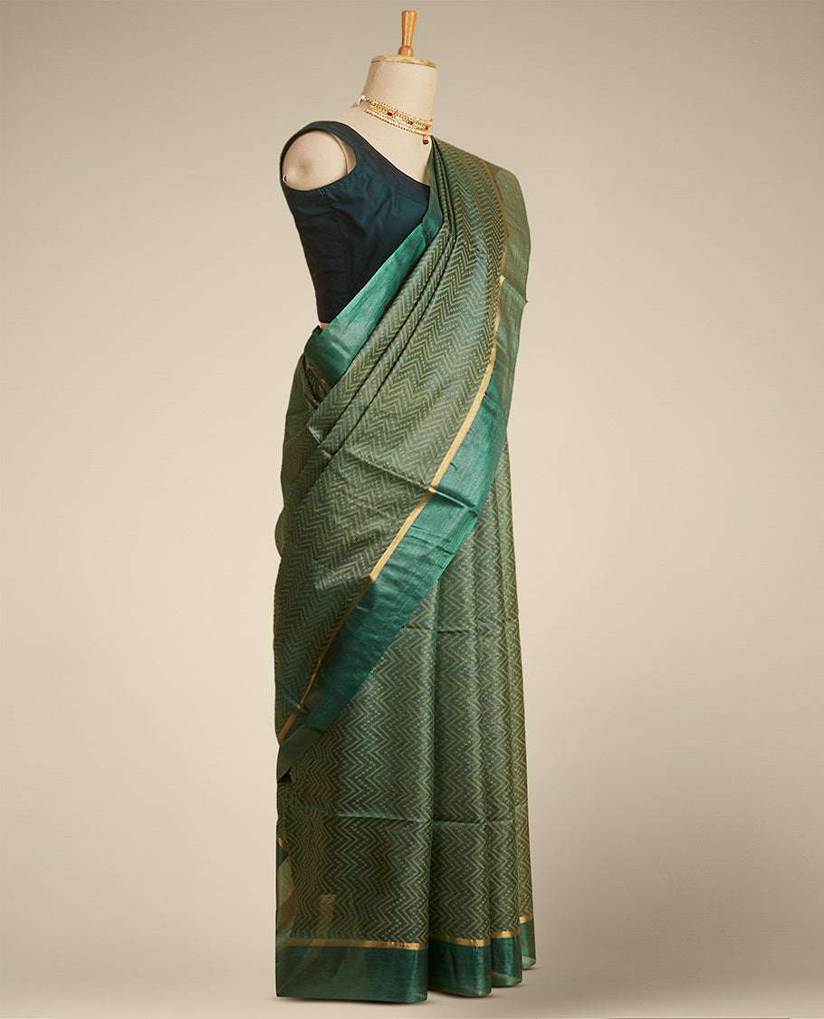 Pothys Green zig- zag striped design tusser silk saree with contrast zari border - view 2