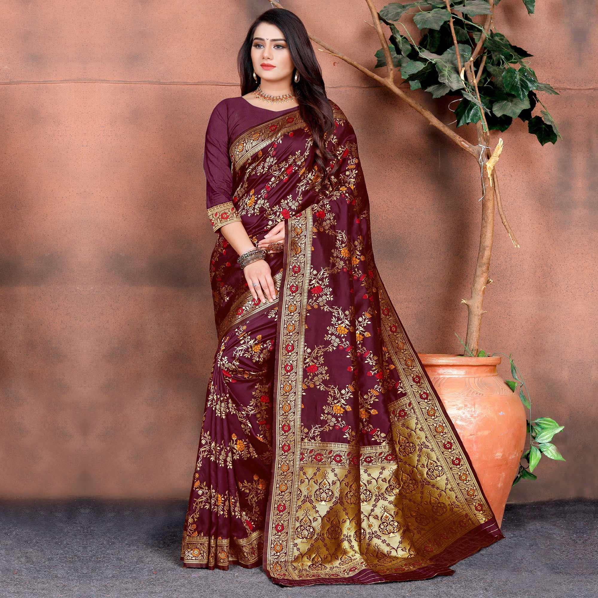 Peachmode Intricate Wine Colored Festive Wear Woven Silk Saree