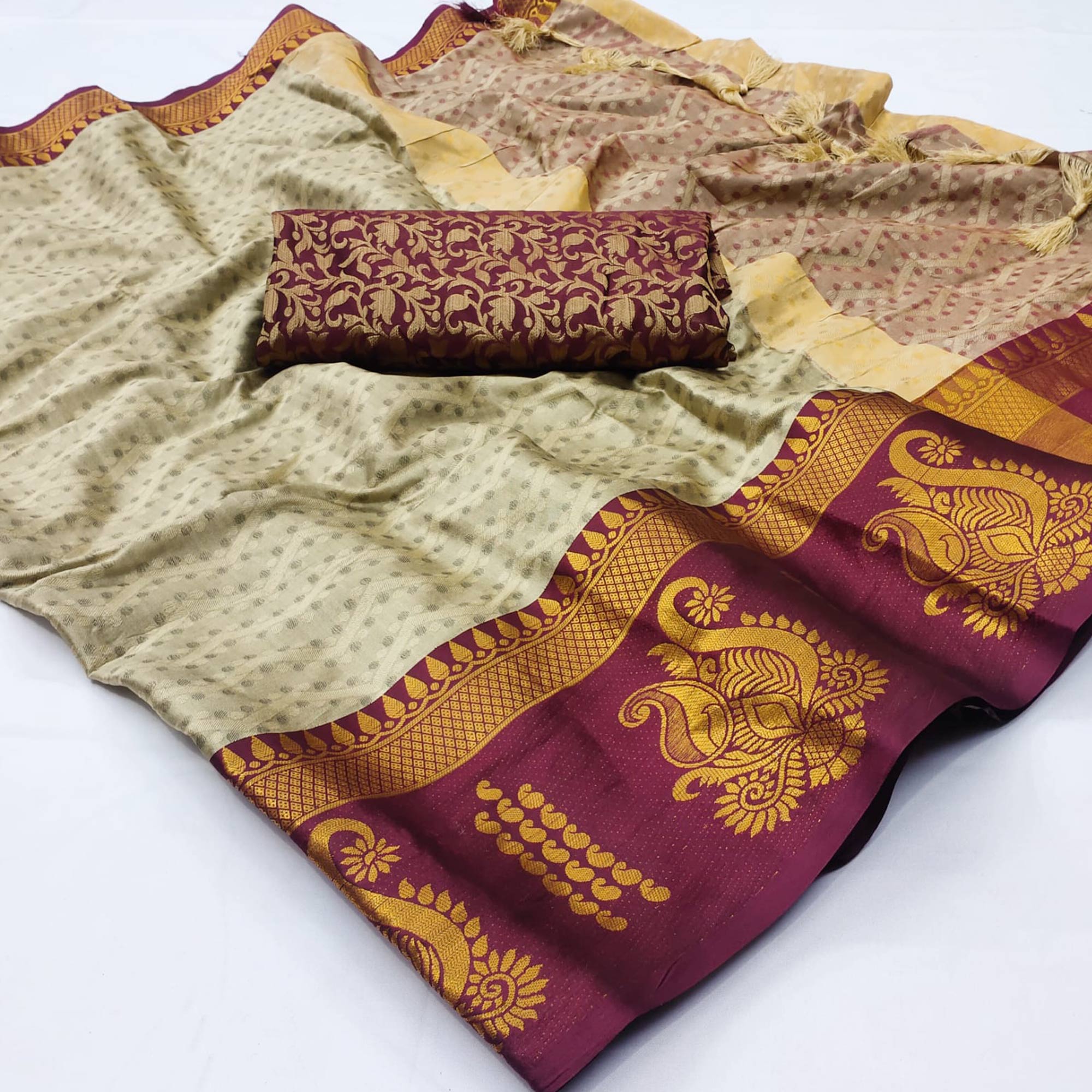 Peachmode Chikoo Woven Cotton Silk Saree With Tassels