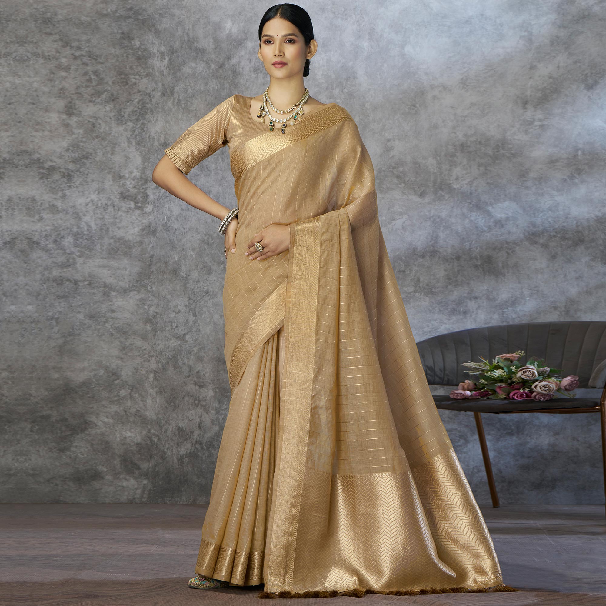Peachmode Chikoo Woven Cotton Silk Saree With Tassels - view 2