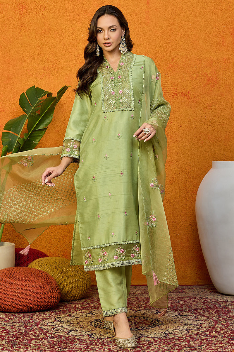 Ahika Green Silk Blend Solid Embroidered Straight Suit Set PKSKD2428 - view 2