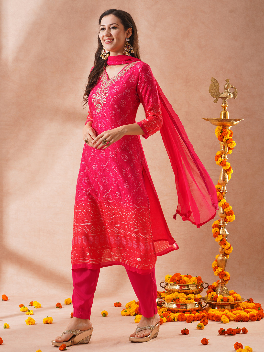 FASHOR Bandhani Printed & Embroidered Straight Fit Kurta with Pant & Dupatta - Pink - view 4